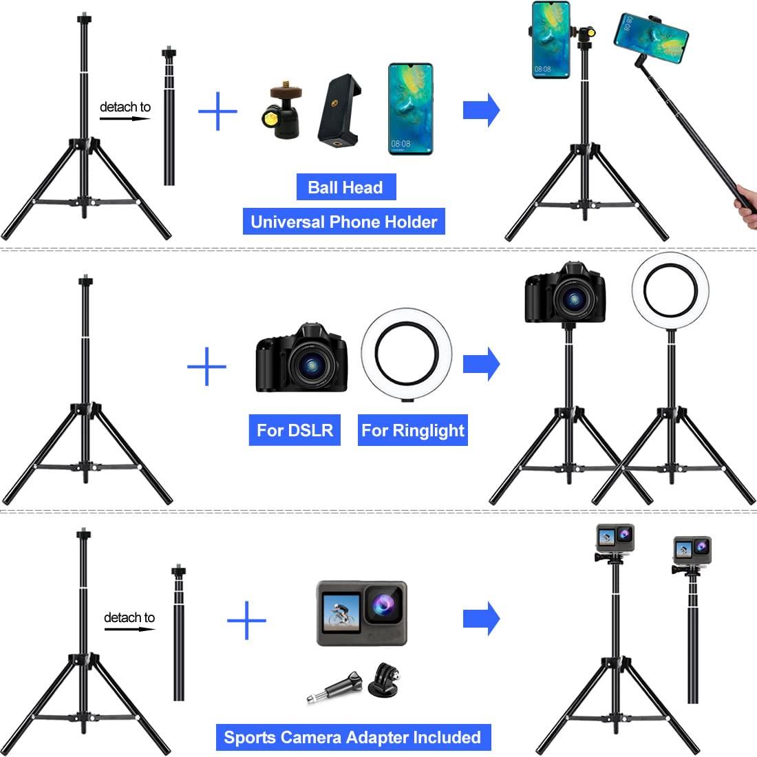 Dayleer Selfie Stick Tripod, 62 Inch Extendable Detachable Selfie Stick Tripod Stand With Remote For Iphone 15 14 13 12 Pro Max Samsung Galaxy S23 S22 S21