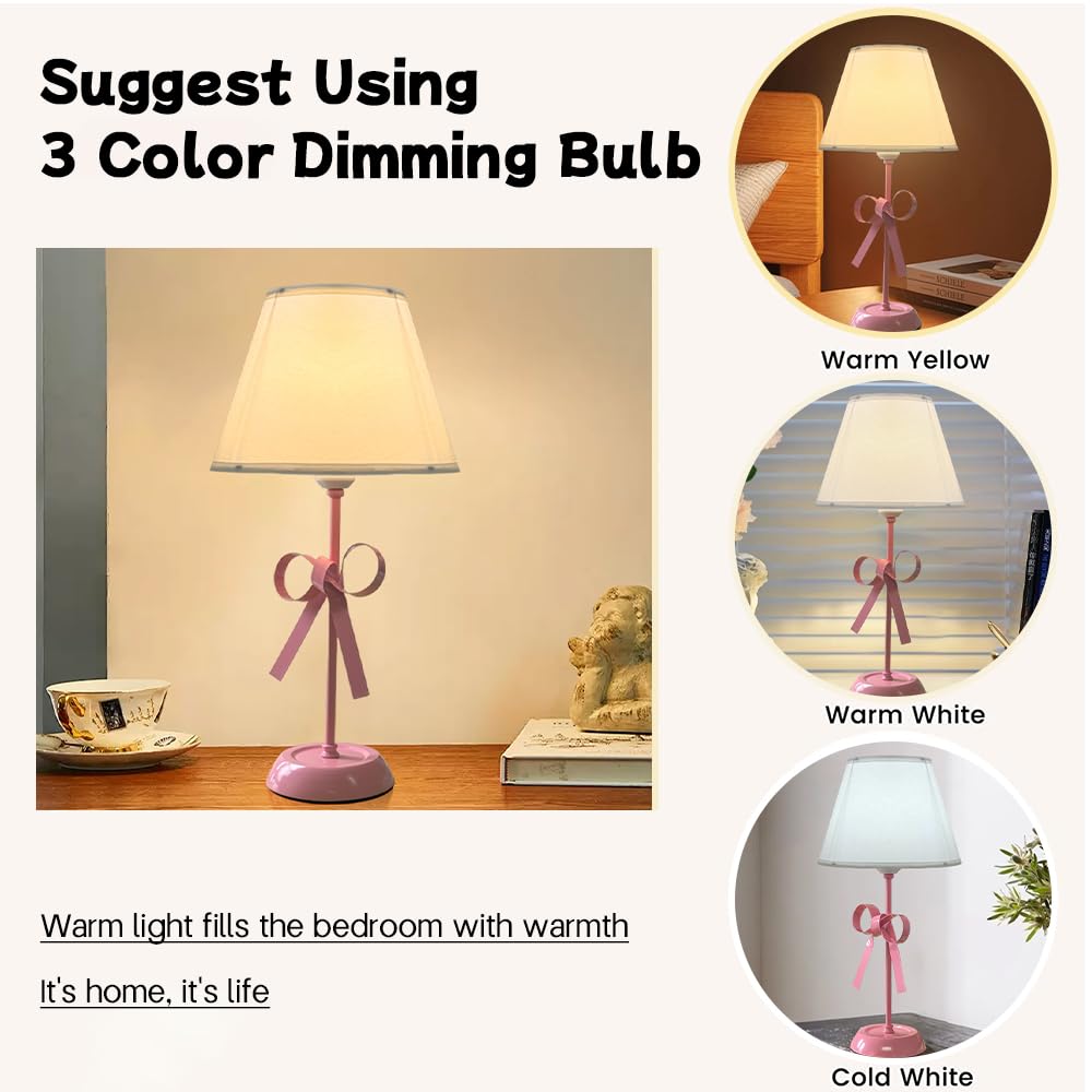 Oroilupu Pink Bow Lamp For Girls Room, Small Single Princess Desk Lamp Modern Decorative Boho Living Room Kids Reading Room Bedside End Table Cute Coquette Table Lamp With Fabric Shade Bedroom