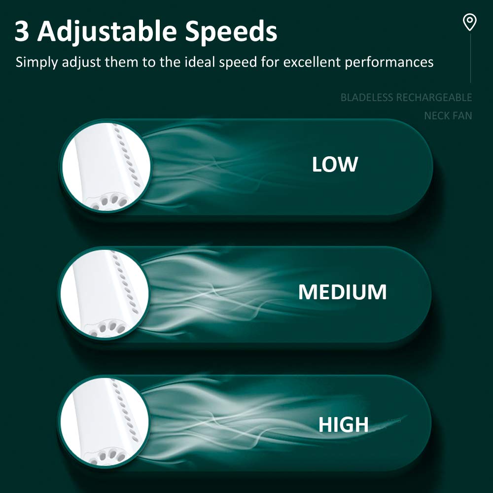 Rechargeable bladeless neck fan with 360° airflow, ideal for hands-free cooling during outdoor activities or travel