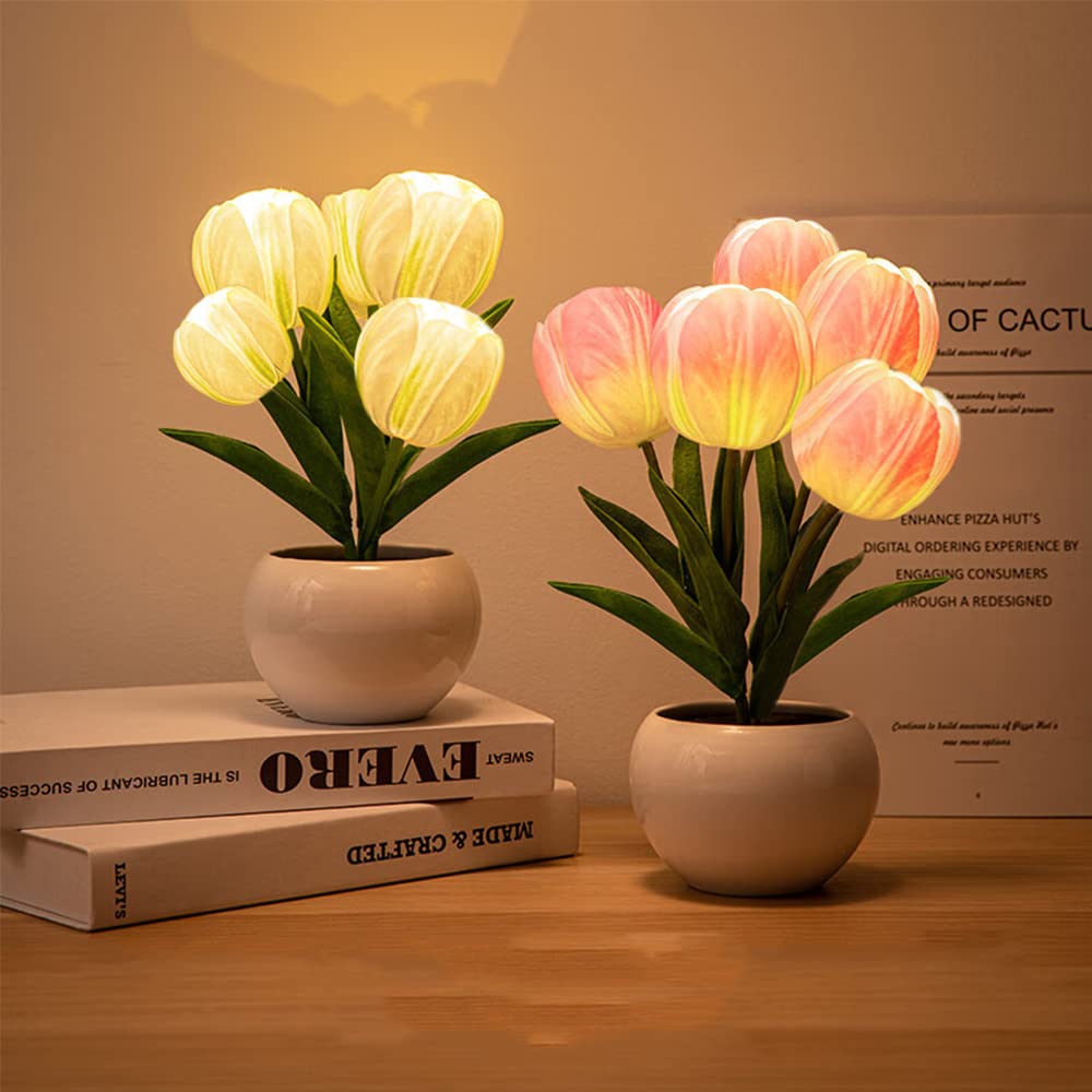 Goutool Flower Table Lamp Tulip Desk Led Night Light For Home Living Room Decor Artificial Flower With Vase Table Centerpieces For Birthday Holiday Party Wedding Room Decoration (Pink)…