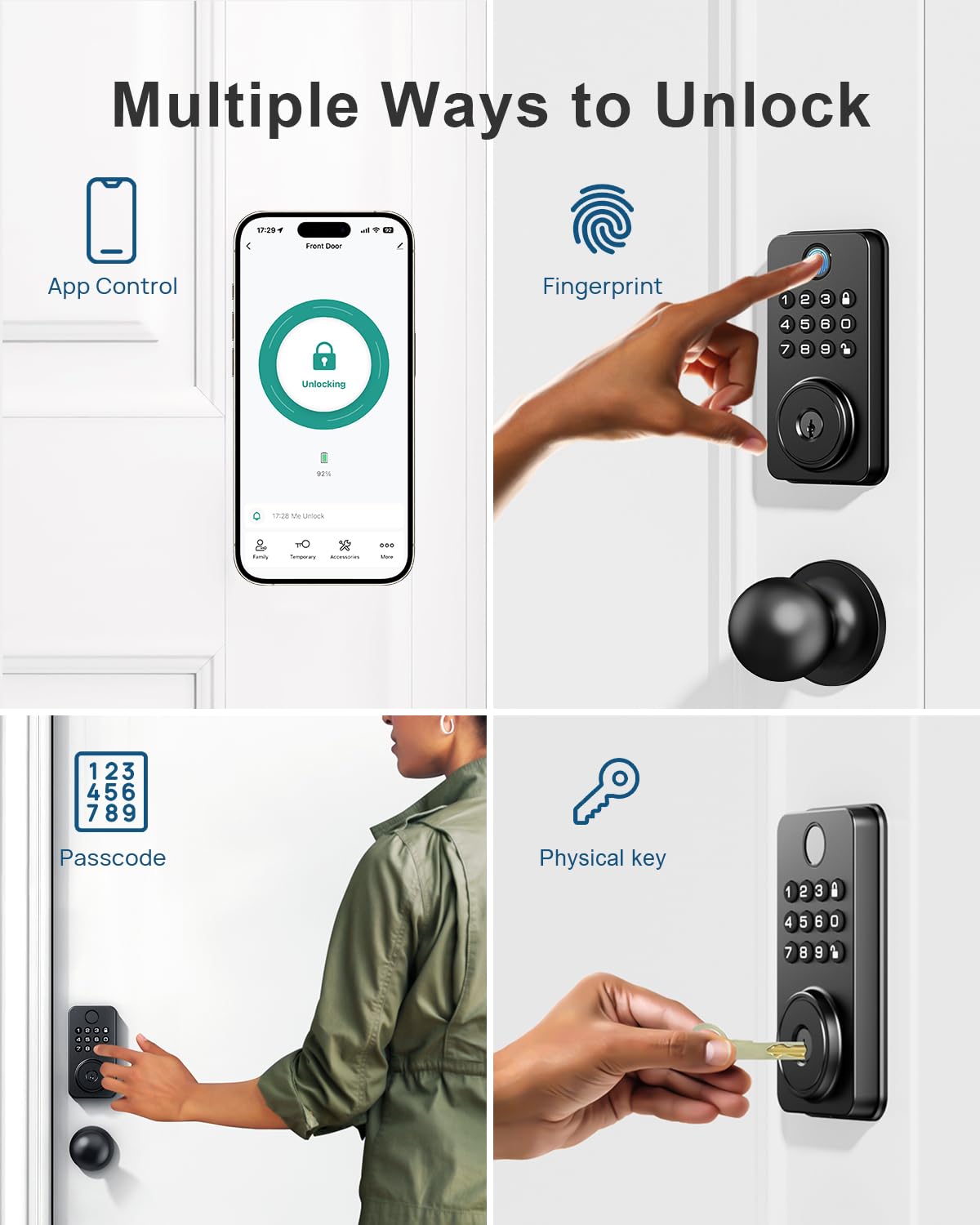 Nbbx Fingerprint Door Lock With Knobs, Keyless Entry Deadbolt With Auto Lock, Keypad And App Support For Front Door And Bedroom, Easy To Install – N201