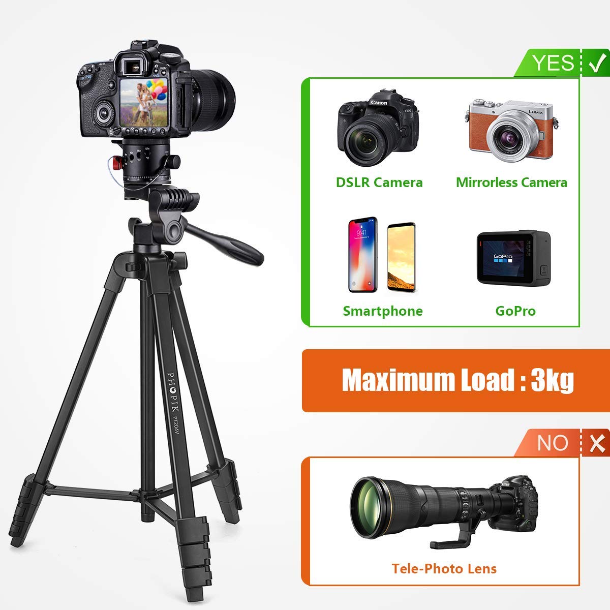 Phopik 77 Inches Tripod, Lightweight Aluminum Camera Tripod For Dslr, Photography Tripod And Lightweight Phone Tripod 55-Inch, Video Tripod