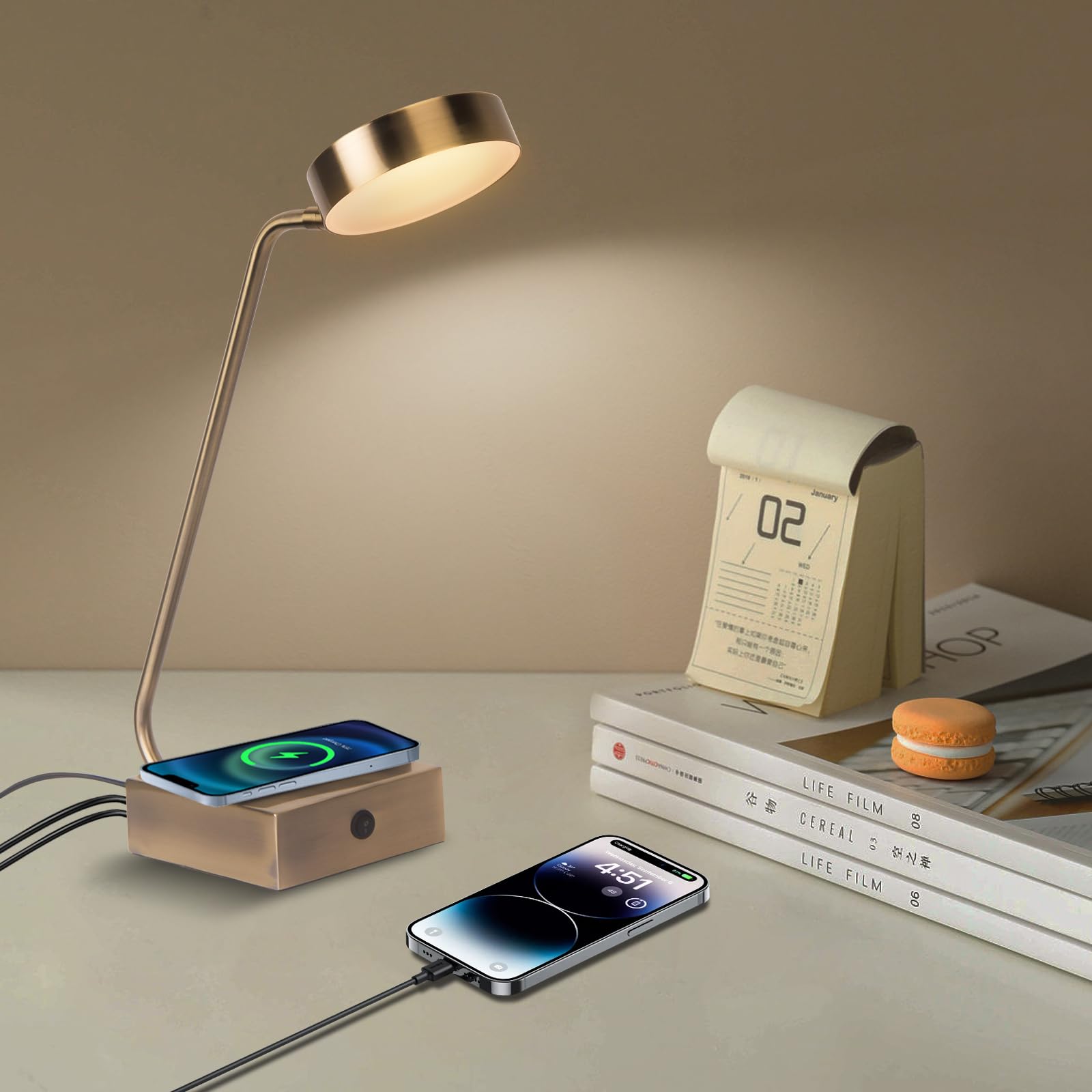 Lianheng Led Desk Lamp With Wireless Charger,2 Usb Charging Port,Desk Lamps For Home Office,Button Switch,Adjustable Lamp Head,Suitable For Study,Living Room,Bedroom,Office-(Gold Color)