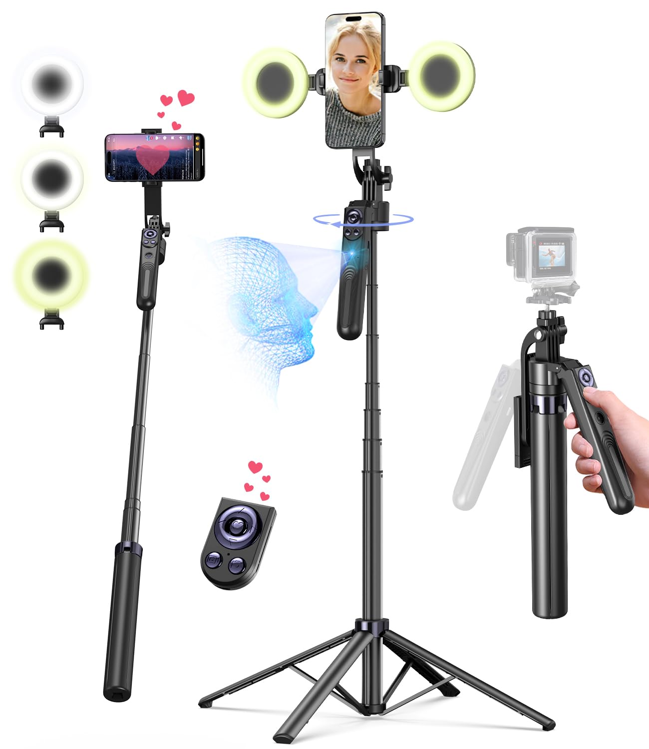 Yeaki 71” Auto Face Tracking Tripod For Iphone With Light,360° Rotating Phone Stand With Rechargeable Remote Control For Tiktok Vlog Video Recording, Phone Tripod For Android Camera/Gopro/Ring Light