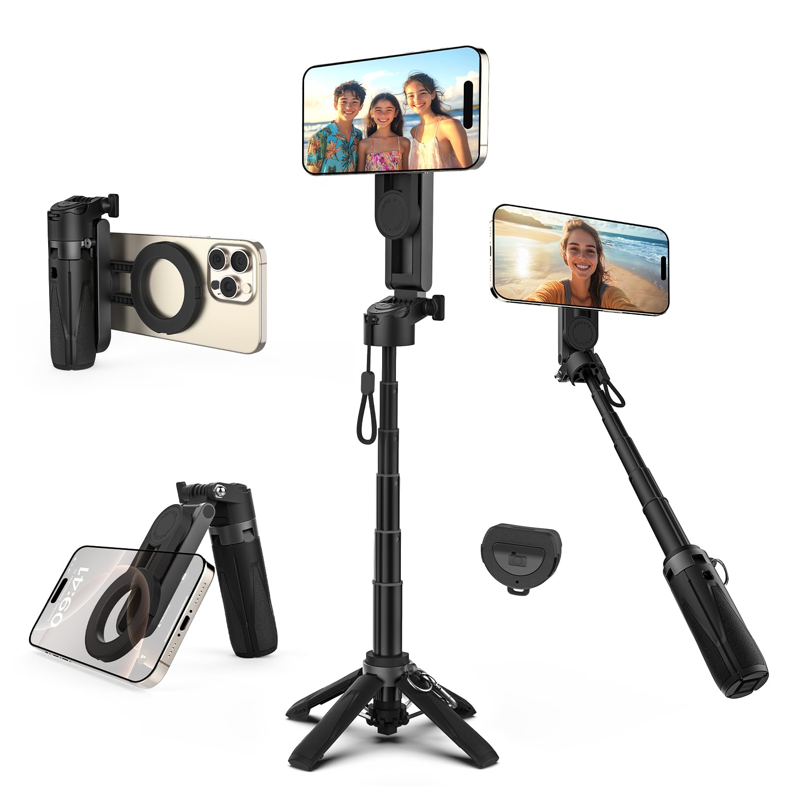 Takerers For Magsafe Tripod For Iphonepocket Size 4-In-1 Portable Magnetic Selfie Stick For Iphone Stand For Video Recording Travel 4 Legs Magnetic Phone Tripod With Remote