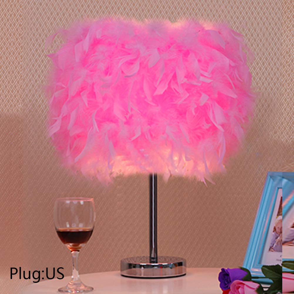 Cfopiryx Feather Table Light, Home Decorative Bedside Desk Lamp Elegant Feather Lampshade Led Night Lamp, Soft Lighting Romantic Atmosphere Light For Living Room Wedding Room Bedroom(Us Plug,Pink)