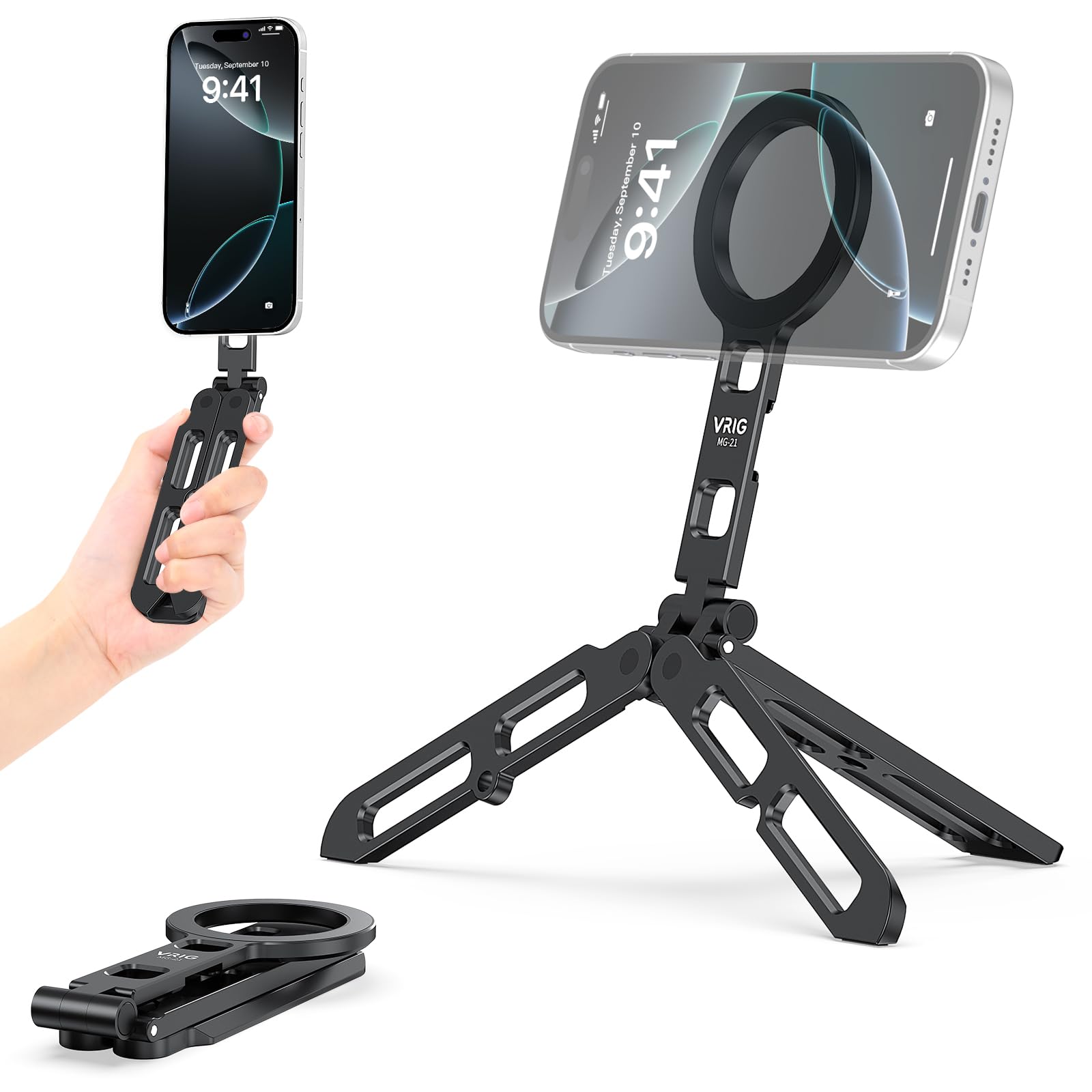Vrig Express Magnetic Pocket Phone Tripod,Foldable Tripod Mount,Smartphone Holder Desk Stand,Handle Stick With Arca-Swiss,Cold Shoe Mount For Magsafe Iphone 16/15/14/13/12,Video,Vlog,Travel