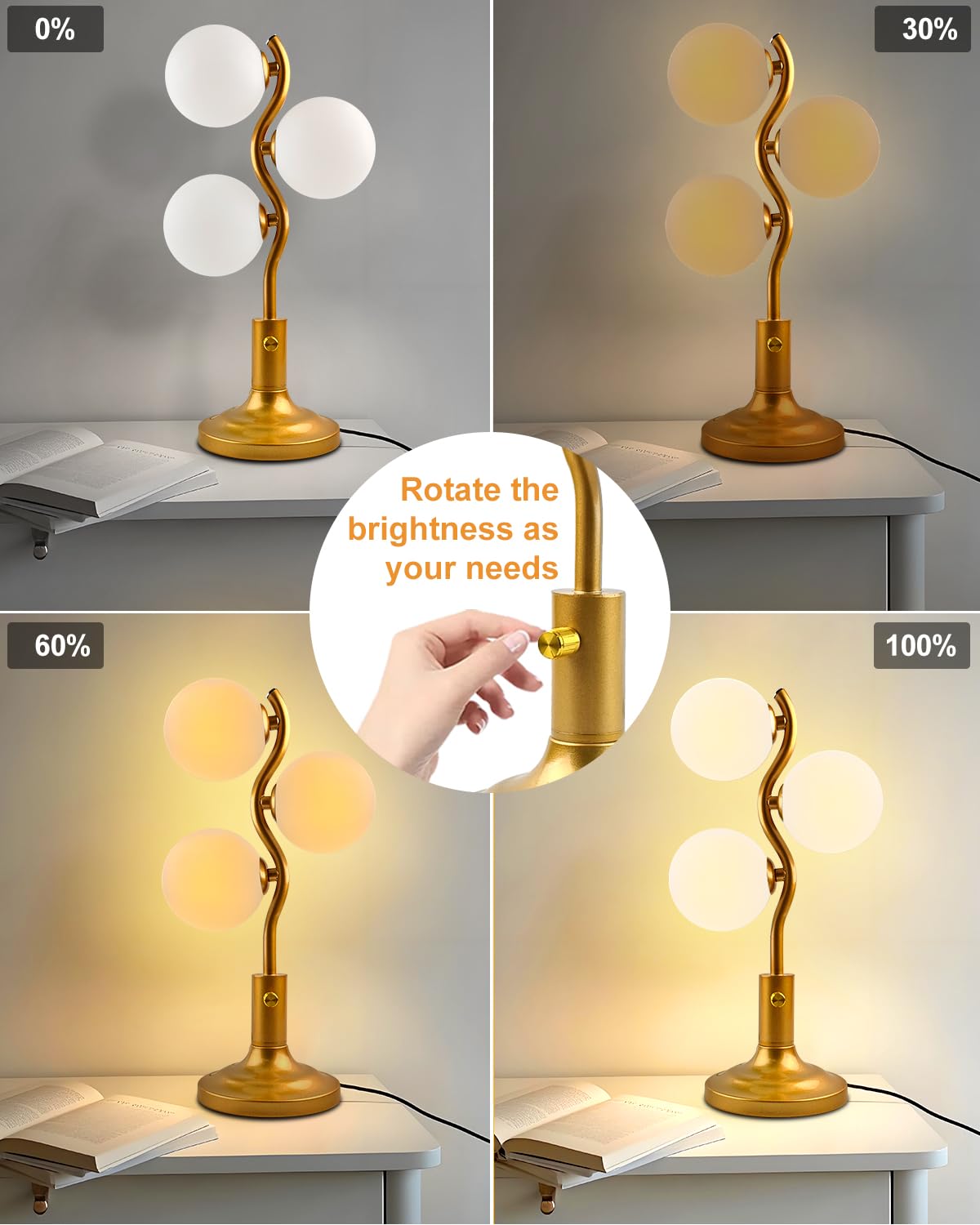 Lightdot Mid Century Globe Table Lamp Dimmable Modern 3 Lights Gold Desk Lamp 3000K Warmwhite Beside Table Lamp For Bedroom Living Room Study Room(G9 Bulbs Included)