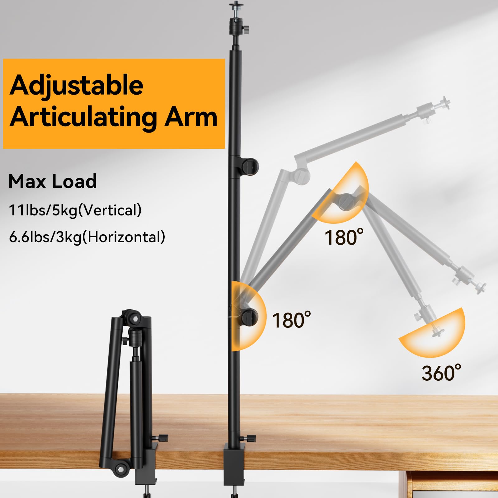 Takerers Overhead Camera Mount Desk Stand, 3-Section Flexible Detachable Articulating Boom Arm With 1/4'' 3/8'' 5/8'' Screw, Ball Head, Phone Holder For Light/Webcam/Microphone/Live Stream/Dslr Camera