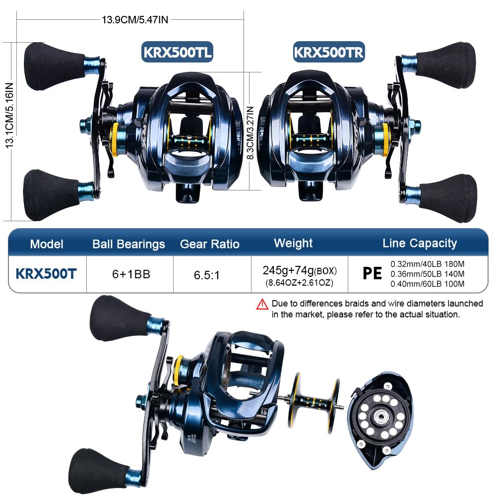 Katuysha Baitcasting Fishing Reels - 500 Size Casting 6.5:1 Gear Ratio Speed Spool Baitcaster Reels - 6+1 Bb Carbon Fiber Drag Magnetic Braking System Low Profile Saltwater Offshore Fishing Baitcasting Reel