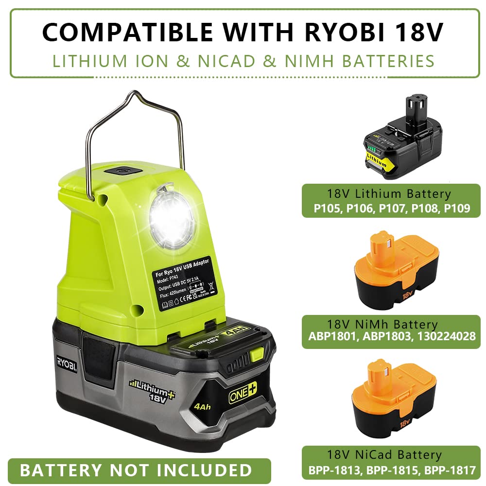 Hiesuan Portable Flashlight For Ryobi 18V Battery, 420Lm Led Work Light With 2 Usb Ports, 3 Light Modes And Foldable Hang Hook, Worklight Outdoor Camping Lantern For Emergency