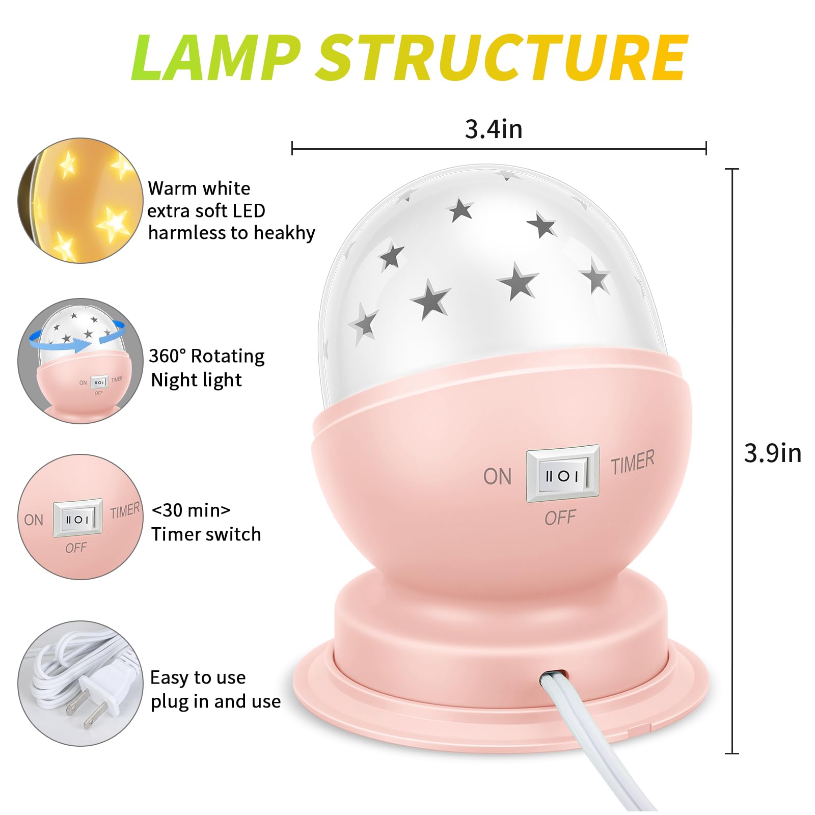 Toyunia Star Night Light For Kids, 360° Rotating Starry Ceiling Projector For Kid’S Bedroom With Timer, 3000K,Pink,1 Pack