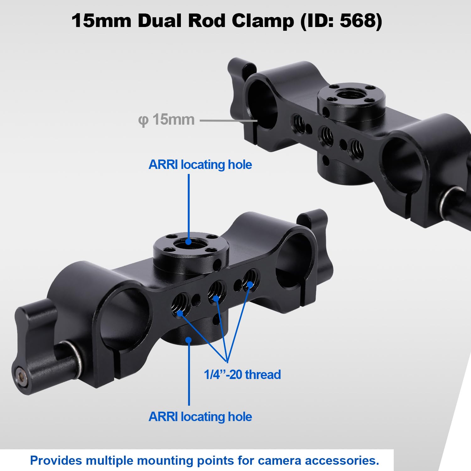 Niceyrig 15Mm Rod Clamp With Locating Holes For Arri & 1/4’’, Dual 15Mm Rod Rail Extension Applicable For Dslr Top Handle Articulating Magic Friction Arm - 568