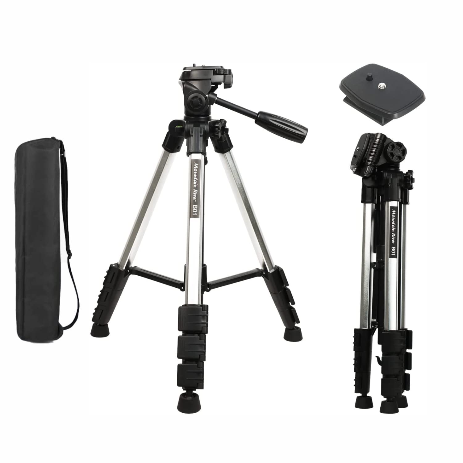 Mountain River Camera Tripod With Bag, 360° Panoramic Tripod Head,Quick Release Plate, Aluminum, Black