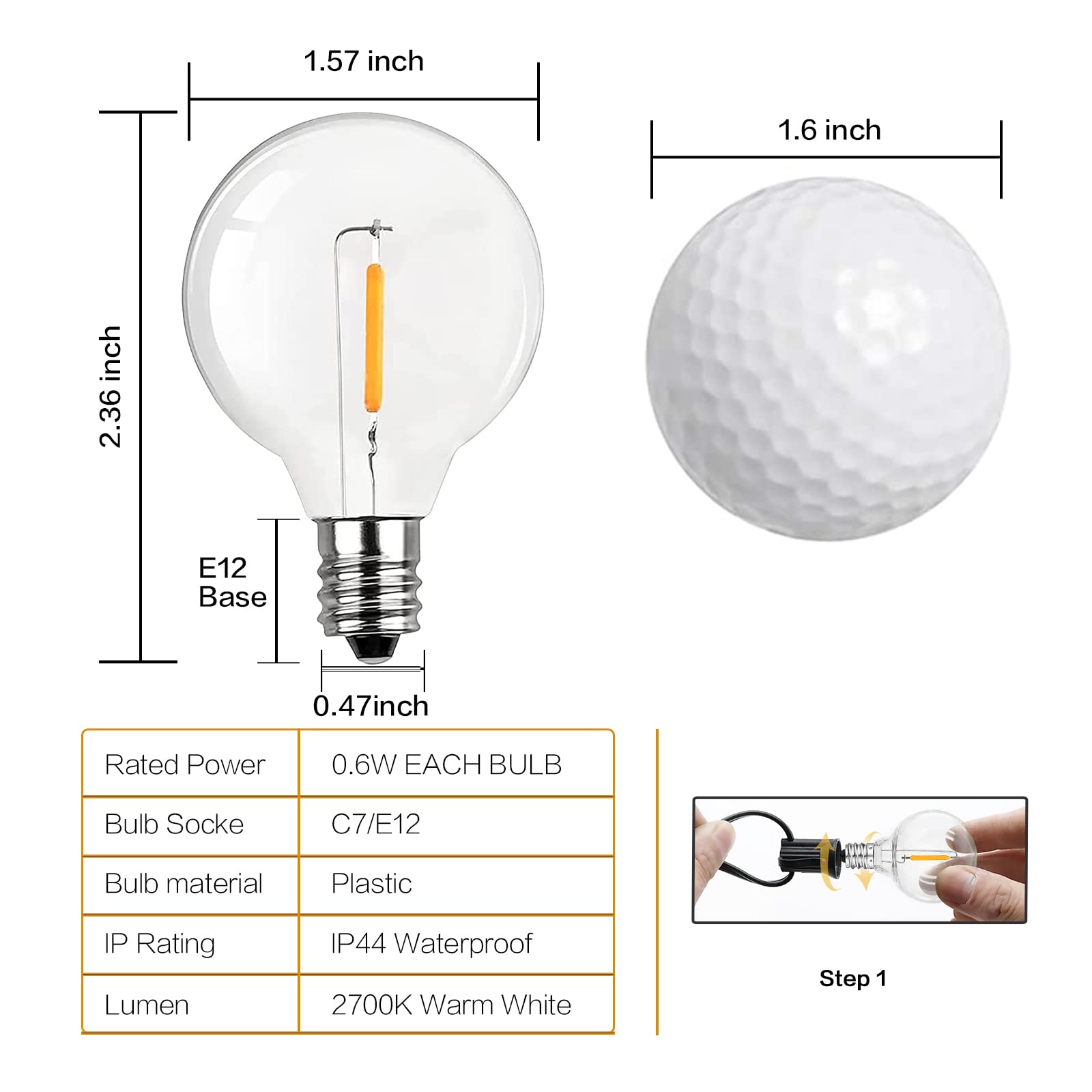 Chysuper 25Pack G40 Led Replacement Bulbs, E12 Candelabra Base, 1W (7W Equivalent) Dimmable 2700K, Shatterproof Plastic Globe For Outdoor String Lights, Patio, Porch, Christmas, Wedding, Cafe & Bistro