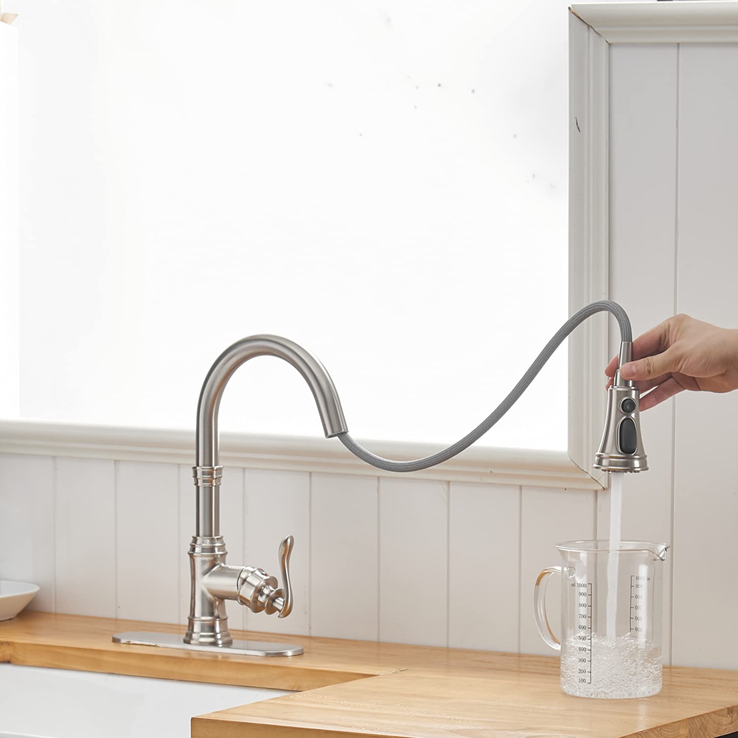 Bathfinesse Kitchen Sink Faucet Brushed Nickel With Pull Down Sprayer 3 Mode Faucet For Kitchen Sink Single Handle High Arc Commercial Stainless Steel Pull Out Rv Kitchen Faucet Bar,Deck Plate Include