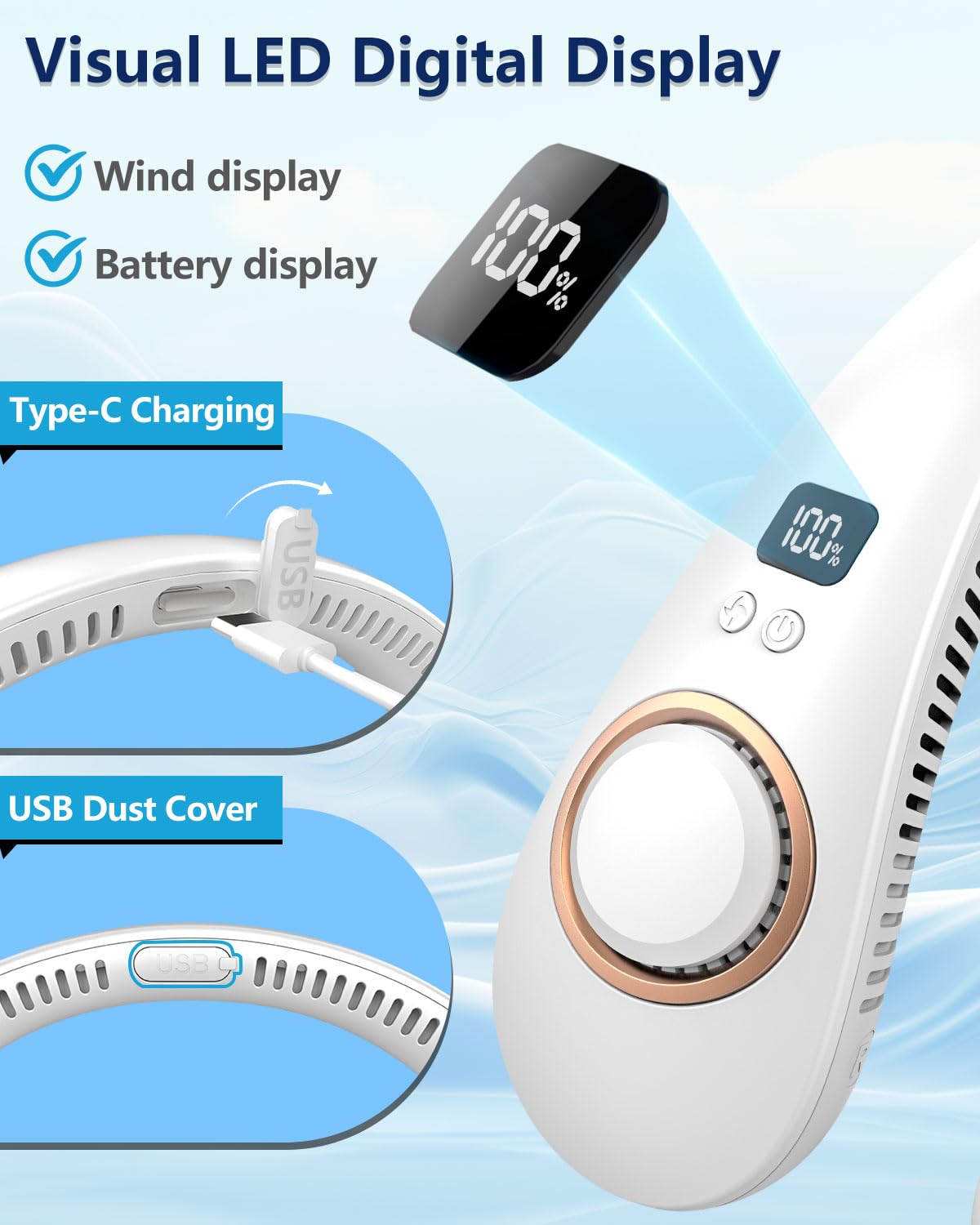Neck Fans Portable Rechargeable,Bladeless Neck Fan Battery Powered,Foldable Leafless Hands Free Usb