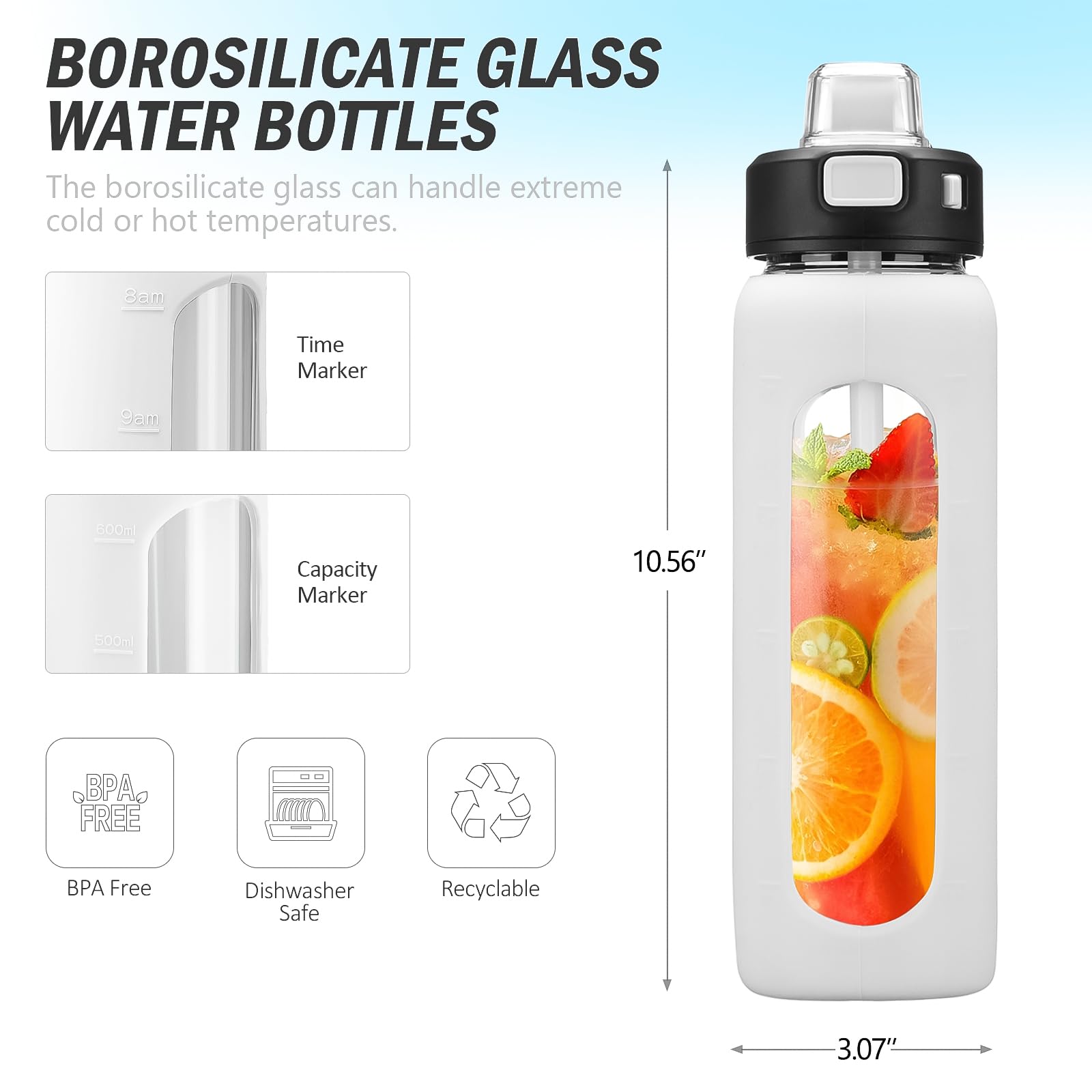 Kodrine Water Bottle With Straw And Carry Handle, Glass Water Bottle 24 Oz Leak Proof Locking Lid