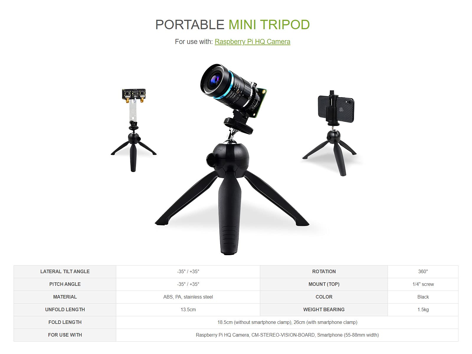 Waveshare Portable Mini Tripod With 360° Rotation Ideal For Cameras Like Raspberry Pi Hq Camera Cm-Stereo-Vision-Board