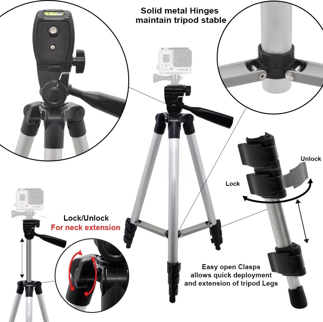 Kliomax 50" Aluminum Camera Tripod With Built In Bubble Level Indicator For All Go Pro Hero Cameras + Tripod Mount