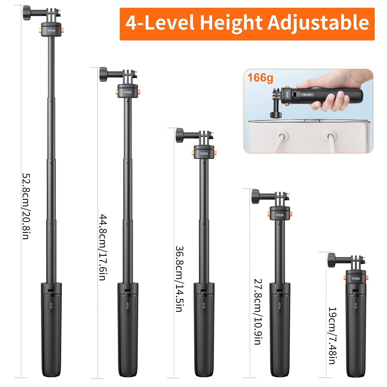 Vrig 20In Selfie Stick Tripod For Action Cameras, Extendable Tripod And Magnetic Quick Release Mount Adapter Vlog Accessories For Gopro Hero 13 12 11 10 9 8 7 6 5 / Dji Osmo Action