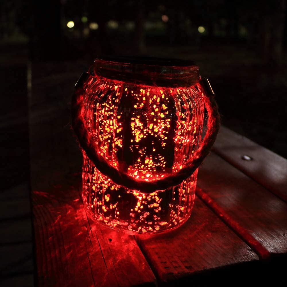 Afirst Hanging Solar Lantern Lights Outdoor 2 Pack,20 Led Solar Mercury Glass Mason Jar Hanging Lights Waterproof For Tree, Table, Yard, Garden, Patio, Holiday Party Outdoor Decor, Color Changing