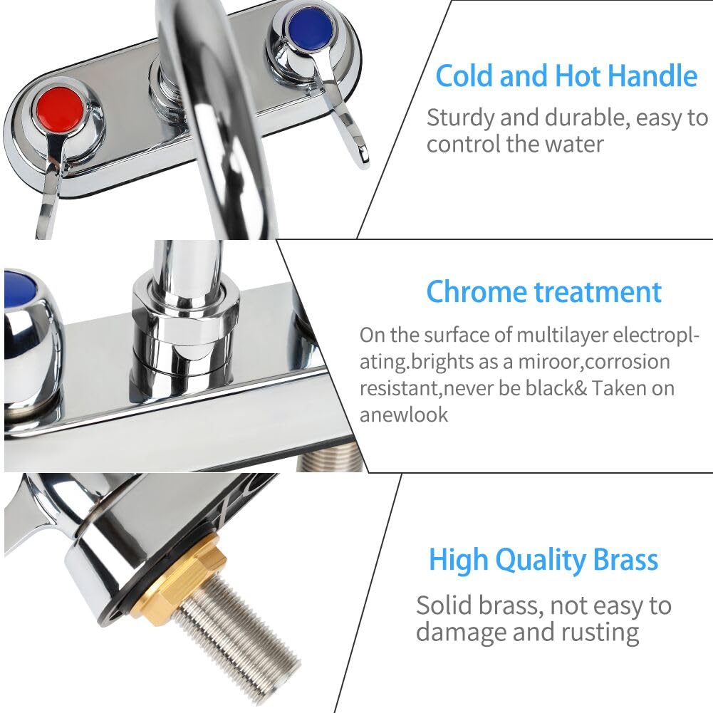 Tnroted 4 Inch Center Commercial Bar Sink Faucet With 3-1/2" Gooseneck Spout, Dual Lever Handles Deck Mount Bar Sink Faucet For Kitchen Laundry Restaurant, Brass Constructed