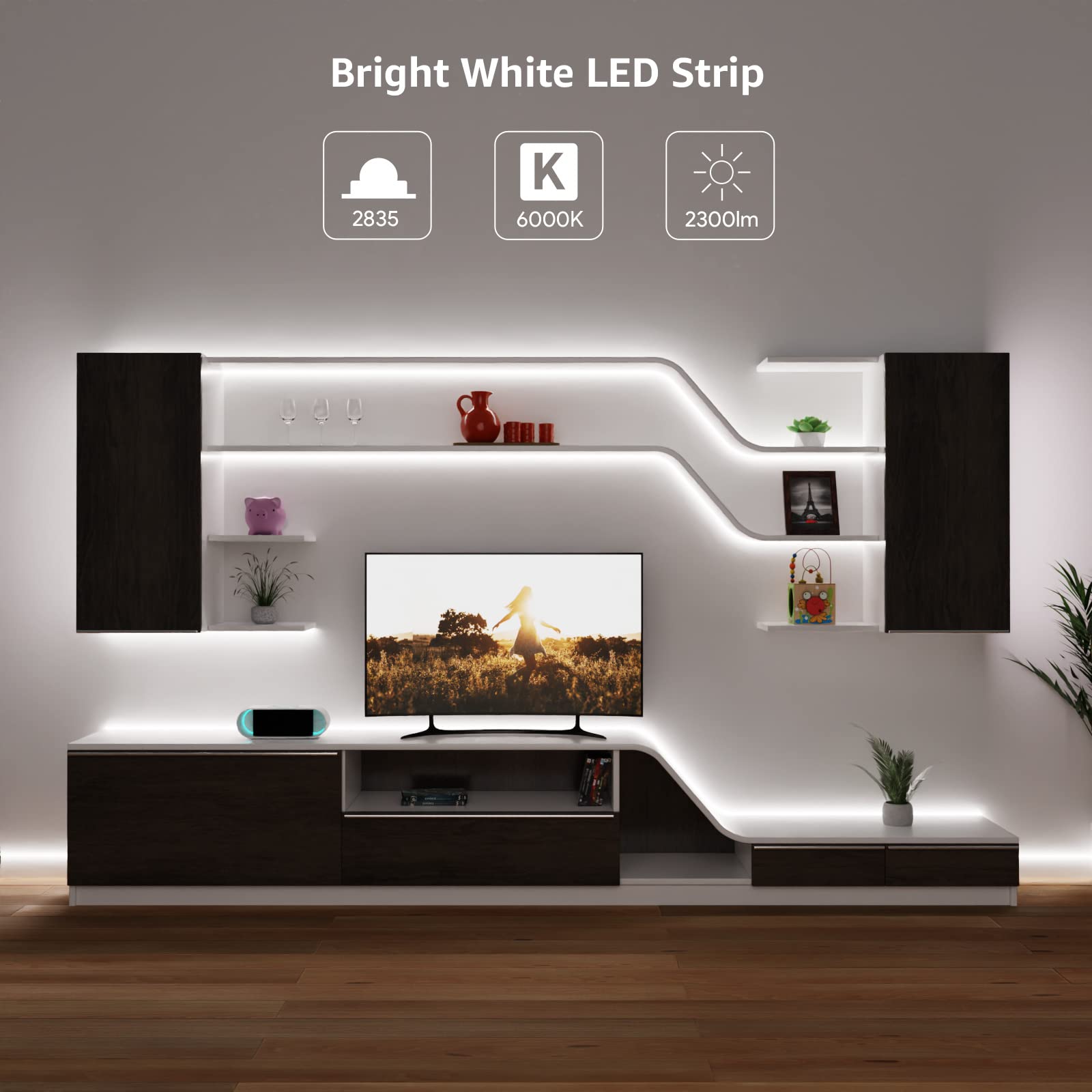 Lepro 12V Led Strip Light, Flexible, Smd 2835, 300 Leds, 32.8Ft Tape Light For Home, Kitchen, Party, Christmas And More, Non-Waterproof, Daylight White, Pack Of 2(Not Include Power Adapter)