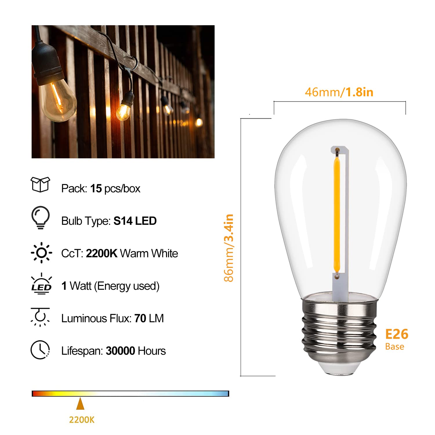 Ceinbota Ceinbota Shatterproof&Waterproof S14 String Light Bulbs,S14 Led Bulbs, Patio Lights Outdoor Waterproof Replacement Bulbs,Cri90,Warm White,120V,2200K,70Lm,E26 Base(15Pack)