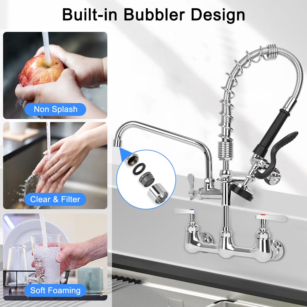 Tnroted 8 Inch Center Commercial Faucet With Sprayer 20" Height Wall Mount Commercial Kitchen Faucet With 8” Swing Spout For 1/2 Compartment Sink/Home Kitchen/Restaurant Sink