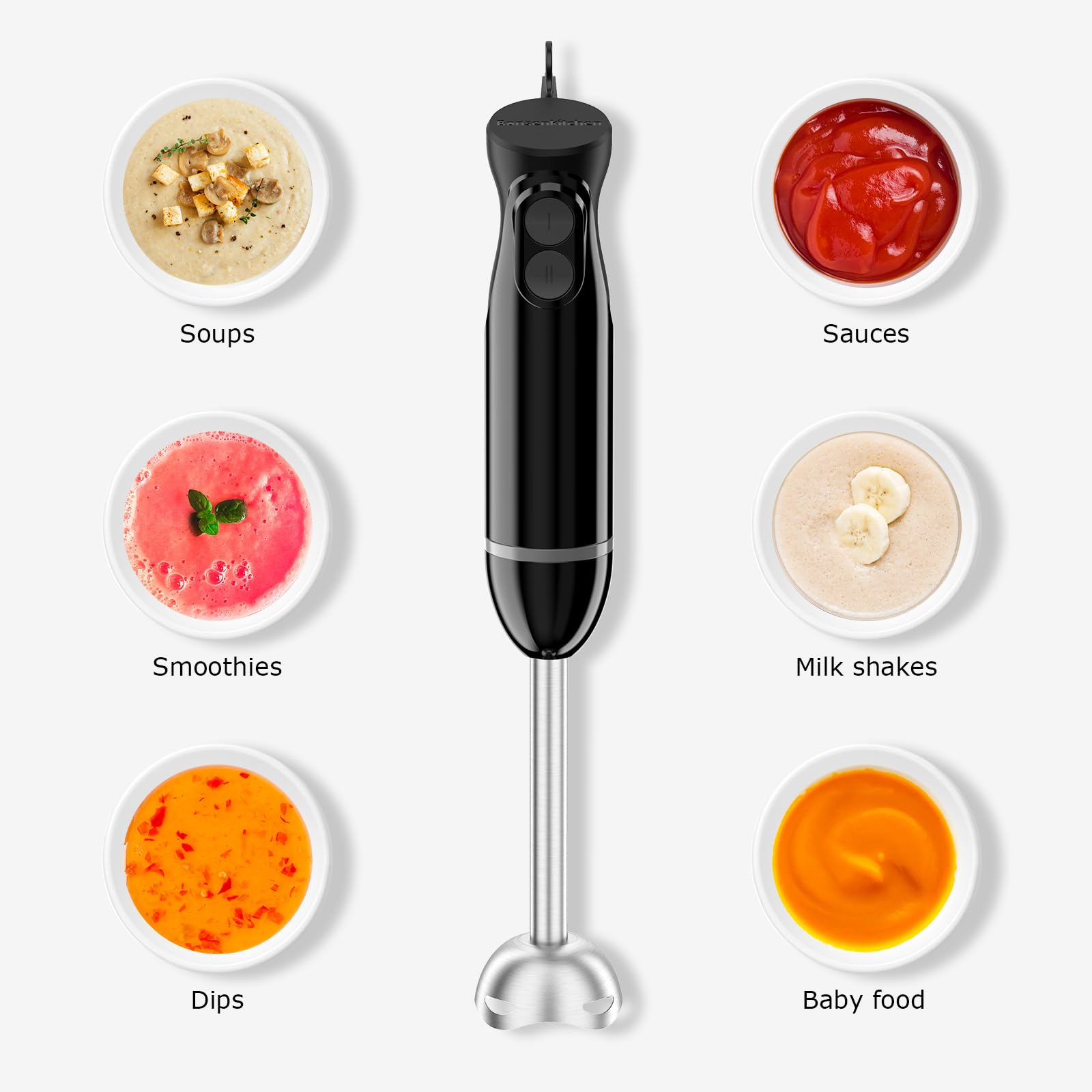 Bonsenkitchen Hand Blender, Immersion Blender With 2 Mixing Speed, Electric Handheld Blender Portable Stick Mixer With Stainless Steel Blades For Soup, Smoothie, Puree, Baby Food