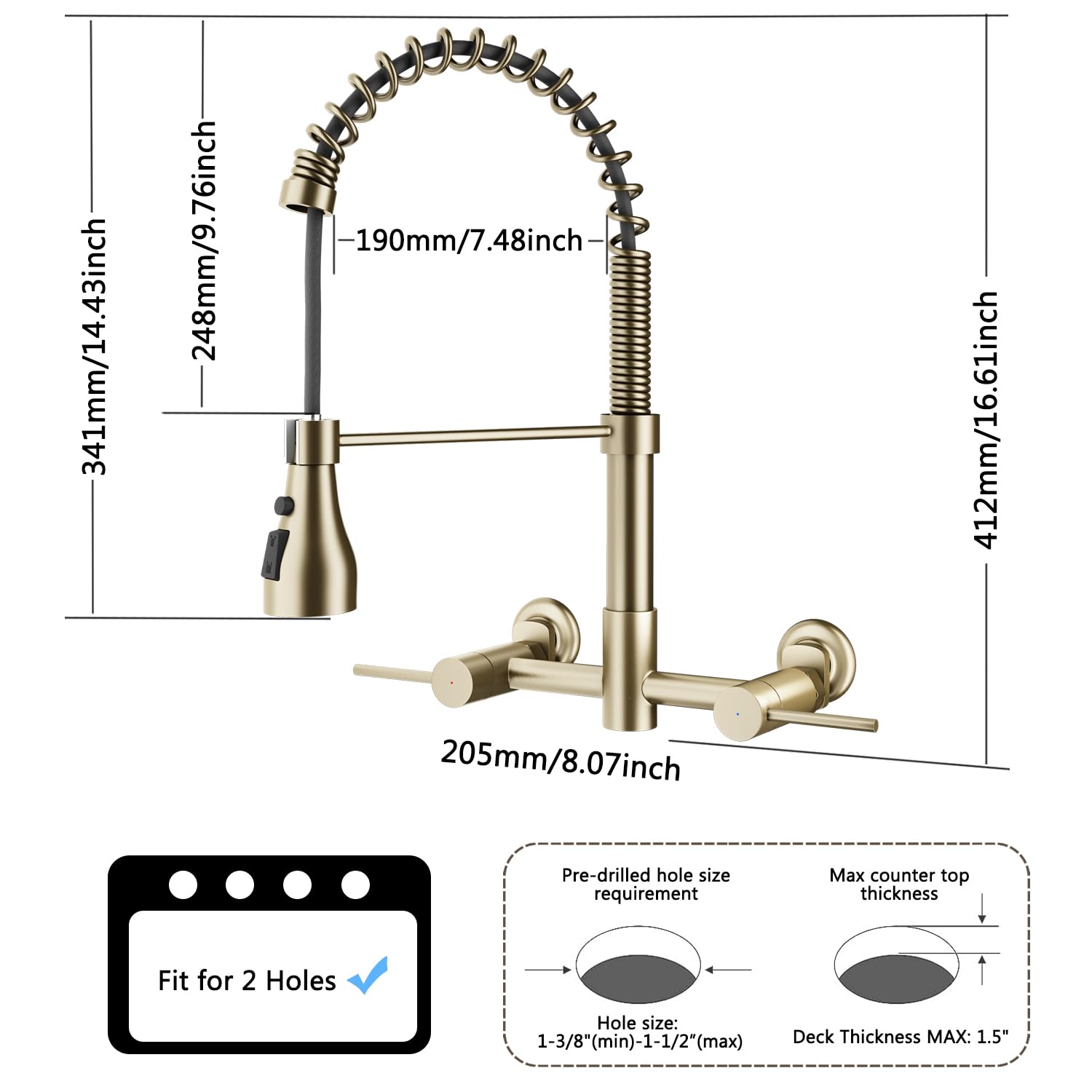 Felixbath Wall Mount Kitchen Faucet, 8 Inch Center Sink Faucet With Pull Down Sprayer, Commercial Faucet (Gold)