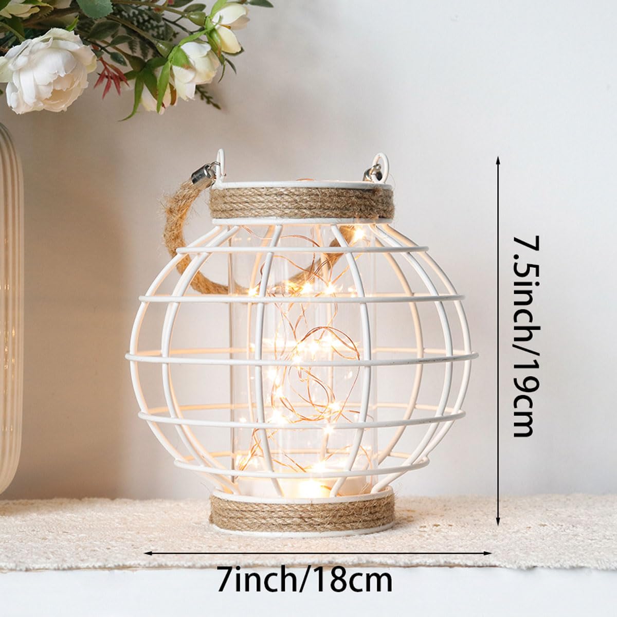 Jhy Design Metal Cage Led Lantern Battery Powered,7.3" Tall Cordless Accent Light With 20Pcs Fairy Lights.Great For Weddings, Parties, Patio, Events For Indoors/Outdoors(White)