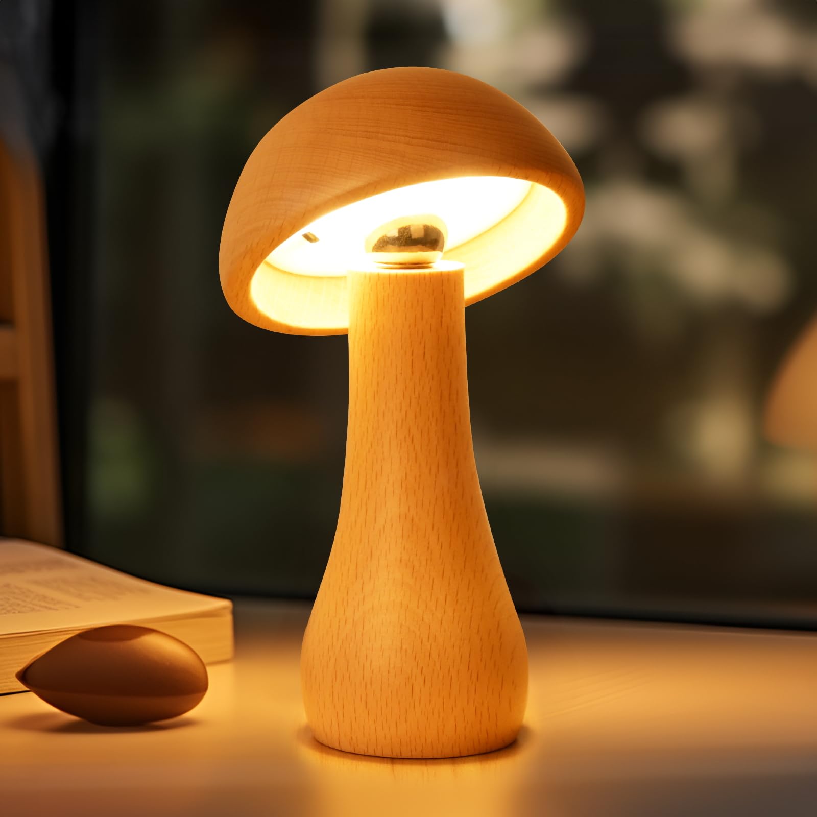 Lonrisway Wooden Mushroom Lamp, Portable Cordless Touch Switch Small Lamp, Rechargeable Battery Operated, Stepless Dimming, 360 Degree Rotation Angle Adjustable Night Light