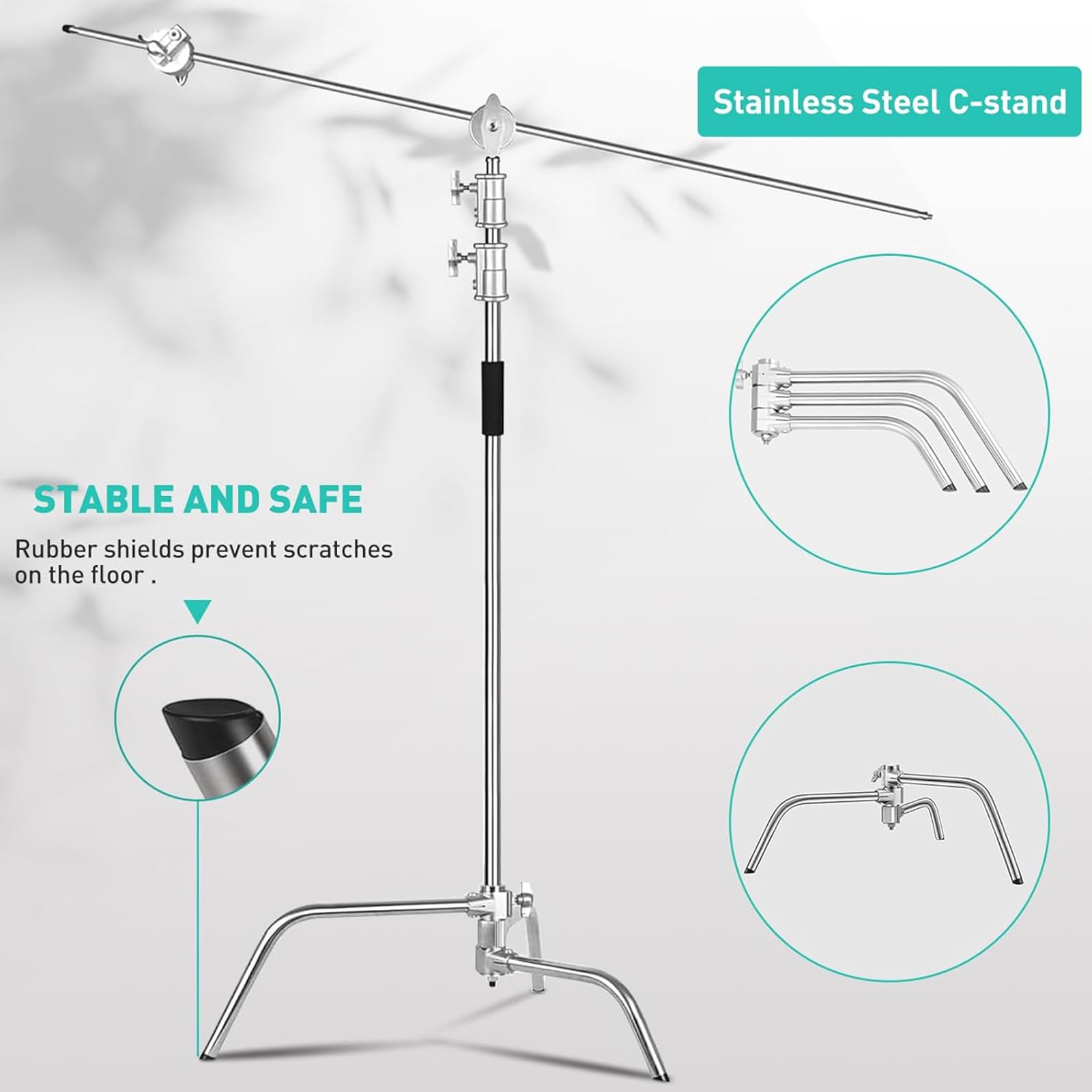 Lapgood Stainless Steel Heavy Duty C-Stand With Boom Arm,10.8Ft/330Cm Adjustable Photography Stand With 4.2Ft/128Cm Holding Arm,2 Grip Head,Sandbag,Storage Bag For Studio Monolight, Softbox, Reflector