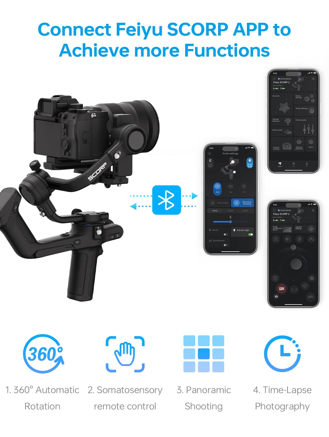 Feiyutech Official Scorp 2 Gimbal Stabilizer For Camera,3-Axis Gimbal Stabilizer For Canon/Sony/Panasonic/Nikon/Fujifilm,5.51Lb Payload,Built-In Ai Tracking Module,Bluetooth/Cable Control, Std Kit