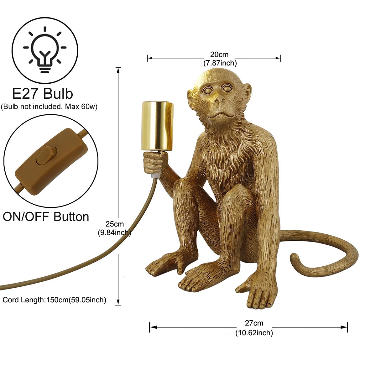 Jorunhe Bedside Table Lamp, Resin Monkey Table Lamp, Creative Desk Lamp Lighting Fixture For Living Room, Bedroom, Office, And College Dorm (Gold)