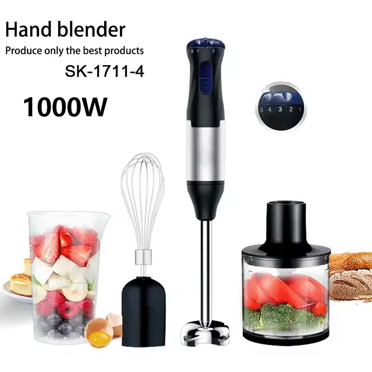 Qylttdm Immersion Blender Handheld, 1000W Powerful Hand Blender, 5-Speed Speed Adjustment, Stainless Steel Smart Stick With Egg Beaters And Chopper Food Processor, For Soup, Meat, Smoothies & Milk Frother
