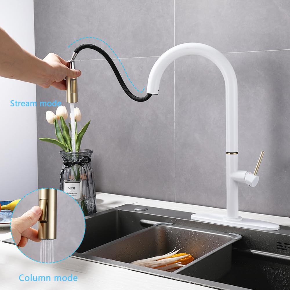Xhzsfyou Single Handle White Kitchen Faucet With Nickel Gold Sprayer Brass Kitchen Sink Faucets With Pull Down Sprayer Modern Faucets With Dual Function Spray