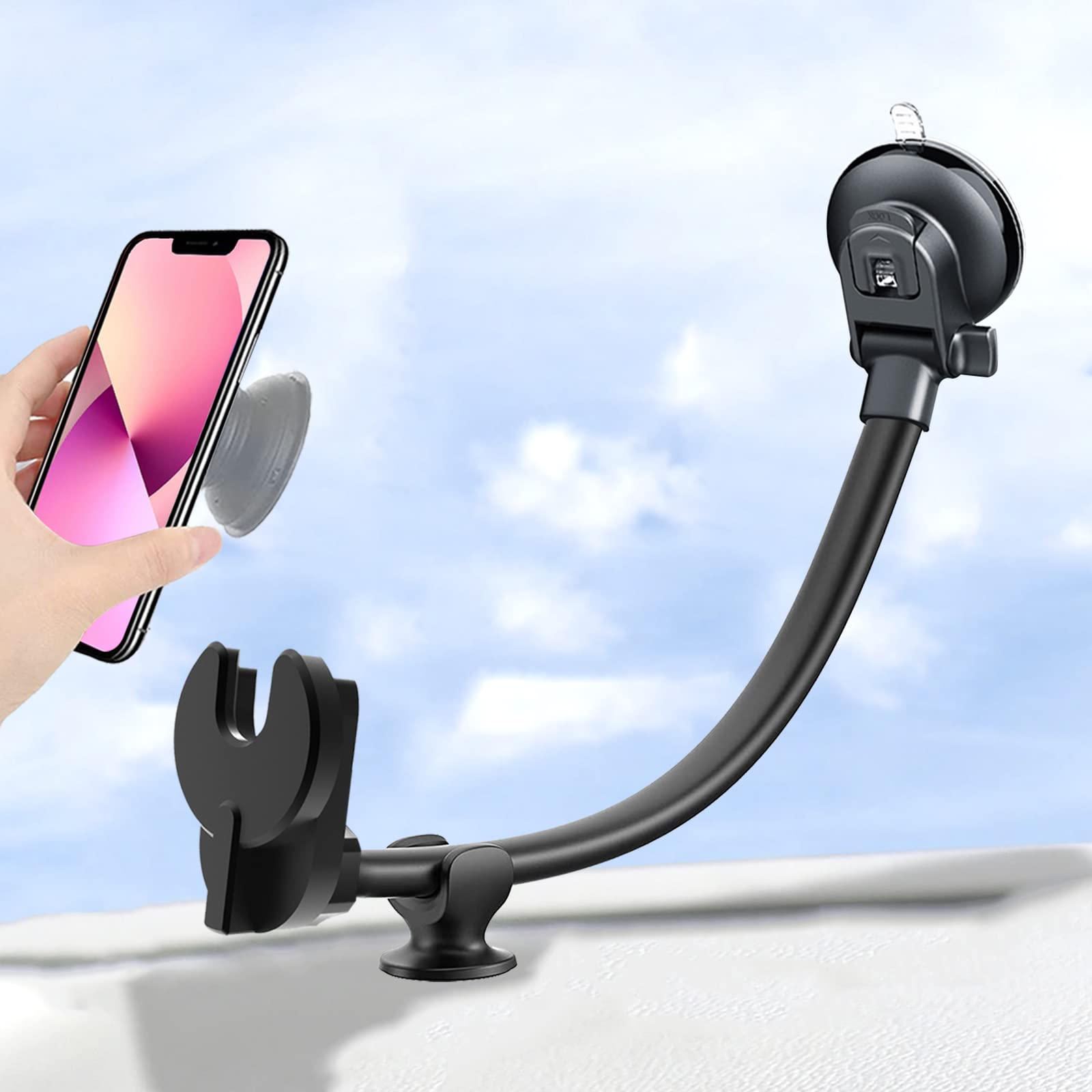 Jctriway Car Phone Mount For Collapsible Grip/Socket Mount User,Windshield/Dashboard/Vent Phone Holder With Strong Suction Cup,13-Inches Long Arm Gooseneck Cell Phone Cradle For Swappable Grip Stand