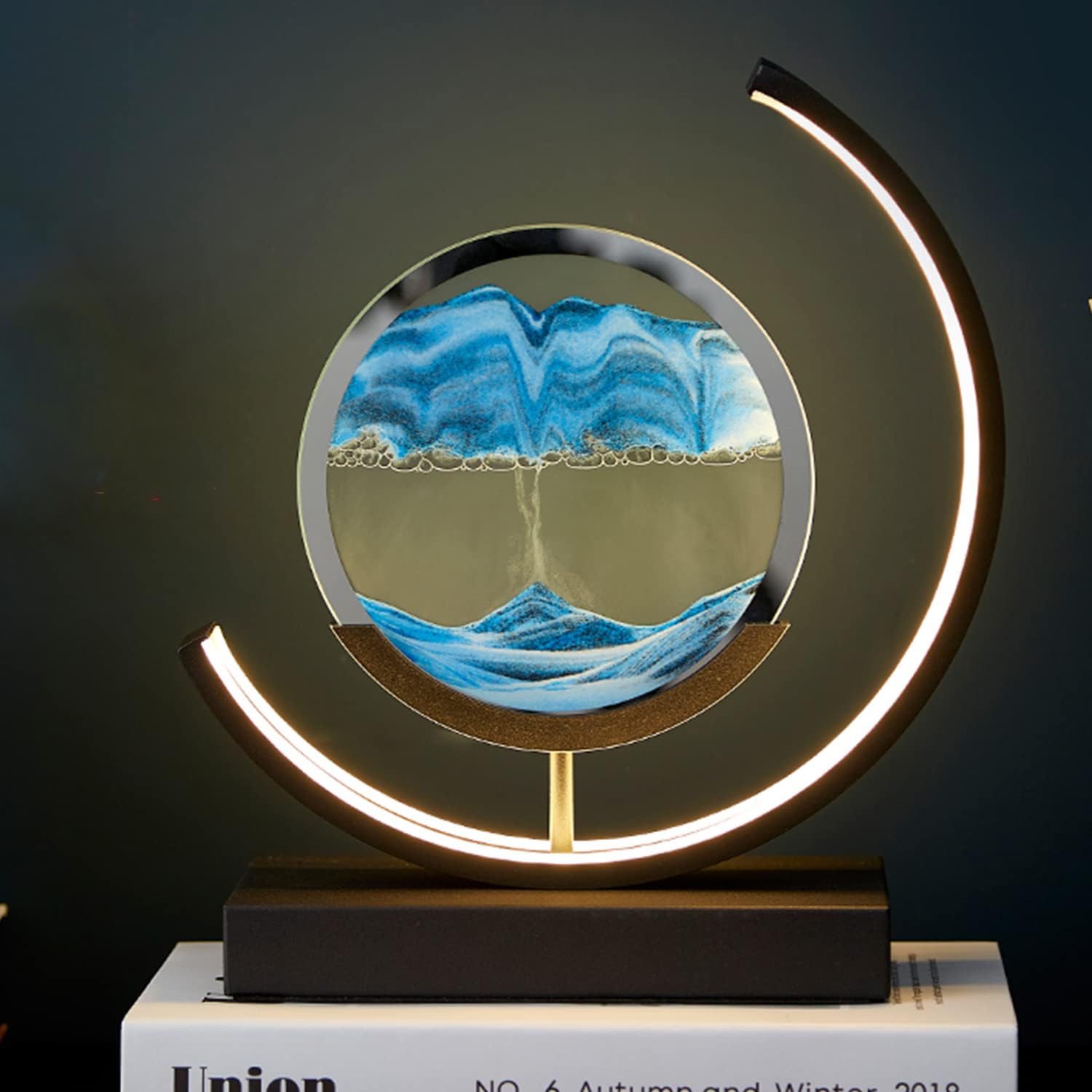 Heuanpte Moving Sand Art Table Lamp - 3D Round Picture With 3 Colors And Stand - Relaxing Desktop Home Office Decor