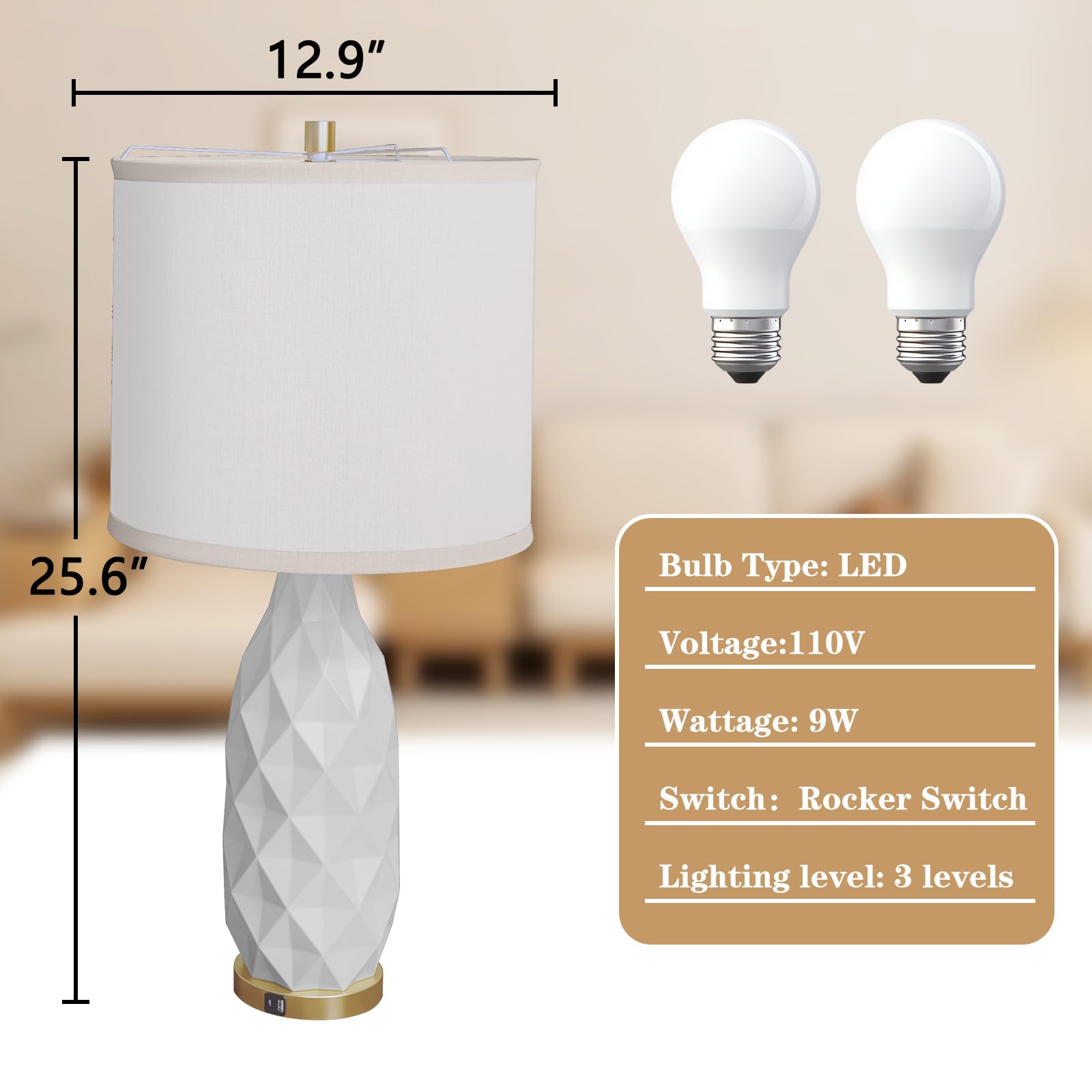 Mrojisc Table Lamps Set Of 2 With 2 Led Bulbs & Usb Charging Port, Bedside Lamps For Night Stands, 3-Way Dimmable Modern Side Table Lamp Set, Desk Lamp For Living Room, Bedroom, Entryway, Prism, White