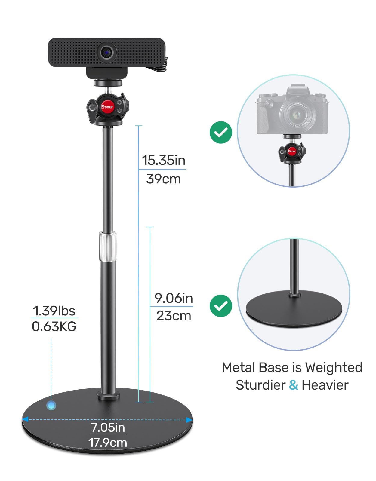 Etour Webcam Stand For Desk, With 360° Ballhead, Heavy Base Height Adjustable Webcam Tripod For Logitech Webcam C922 C930E C920 C615 C960 C920X Brio 4K Nexigo N60, Phone Mount, Gopro With 1/4" Thread