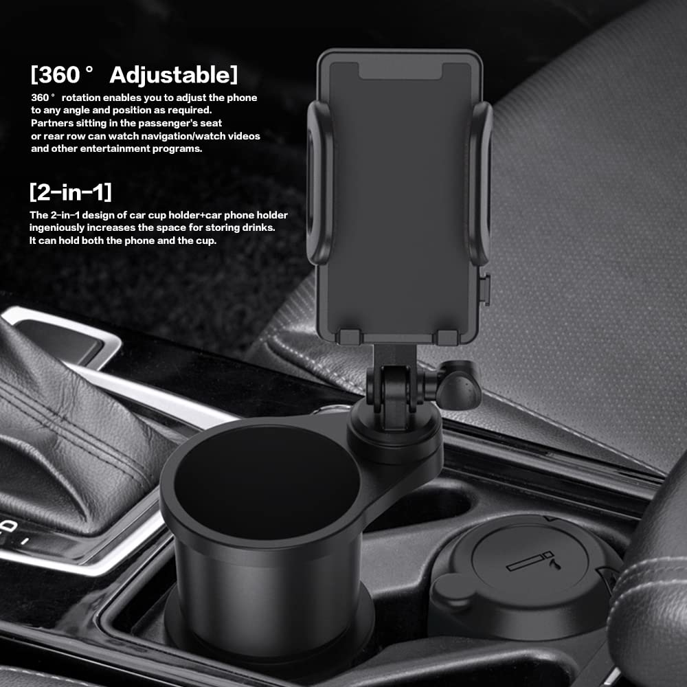 Reswish Car Cup Holder Phone Mount, Universal Auto Cell Phone Stand With Drink Expand Cup Holder,2 In 1 Multifunctional Car Cup Holder Expander With 360° Rotation Phone Mount