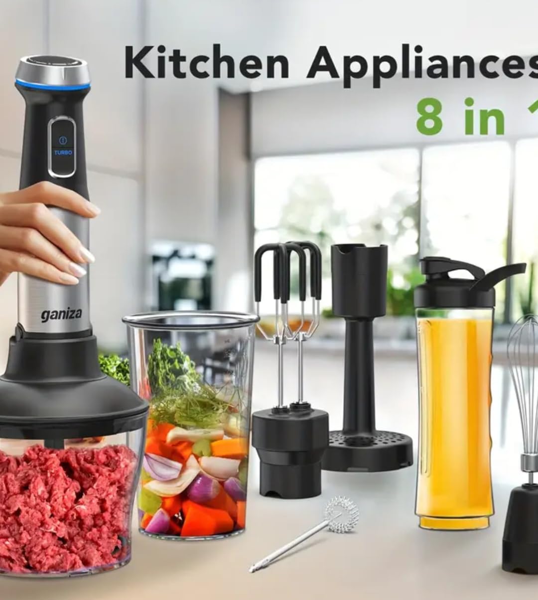 Uniqus 8-In-1 Immersion Hand Blender Set, Electric Food Processor With Chopper, Whisk, Smoothie Cup, Stainless Steel