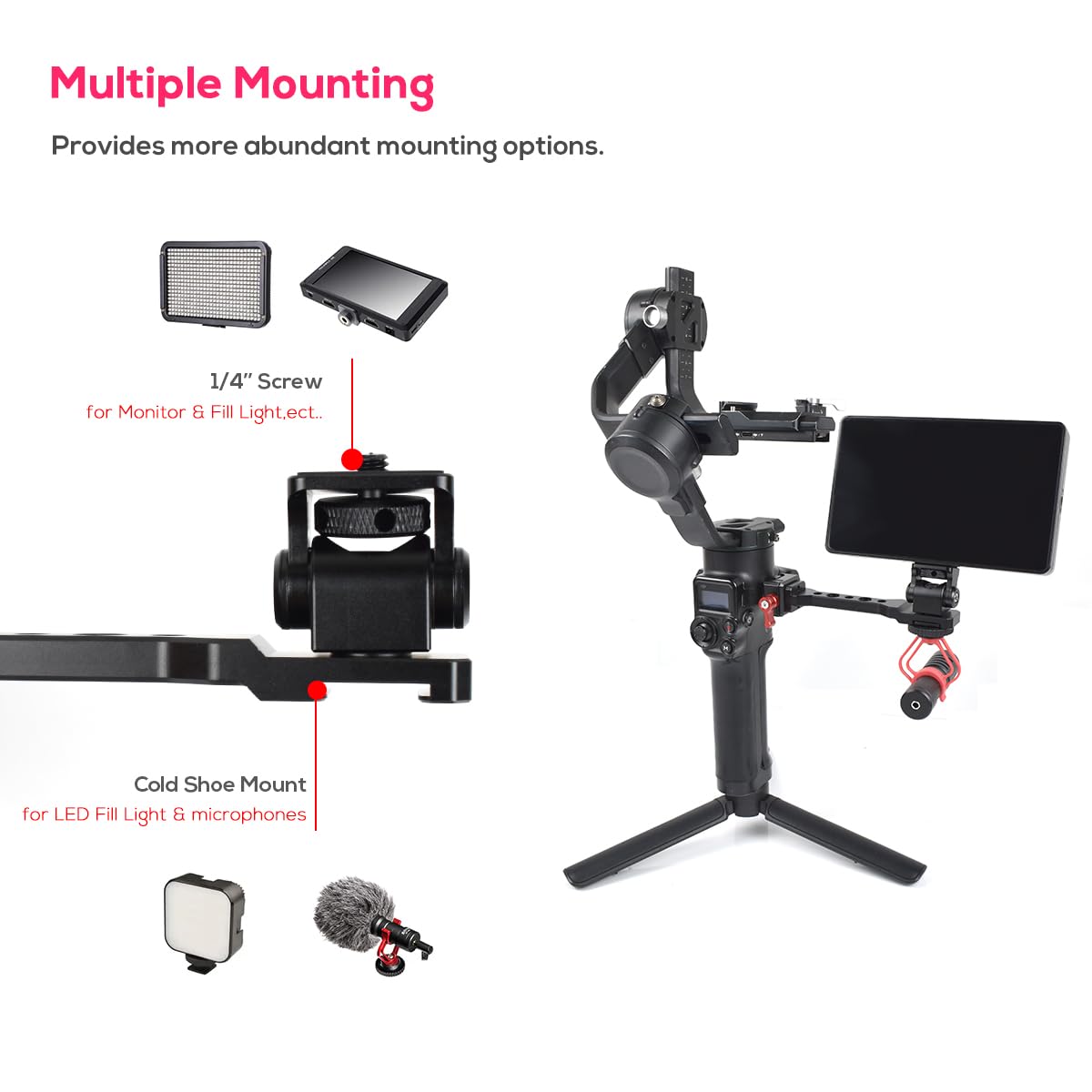 Eaxanpic Adjustable Gimbal Monitor Mount Phone Mount With Quick Release Nato Clamp Cold Shoe Mount For Dji Ronin Rs 4 / Rs 4 Pro/Rs 3 / Rs 3 Pro/Rs 3 Mini/Rs 2 / Rsc 2 Stabilizers (Dark Red)