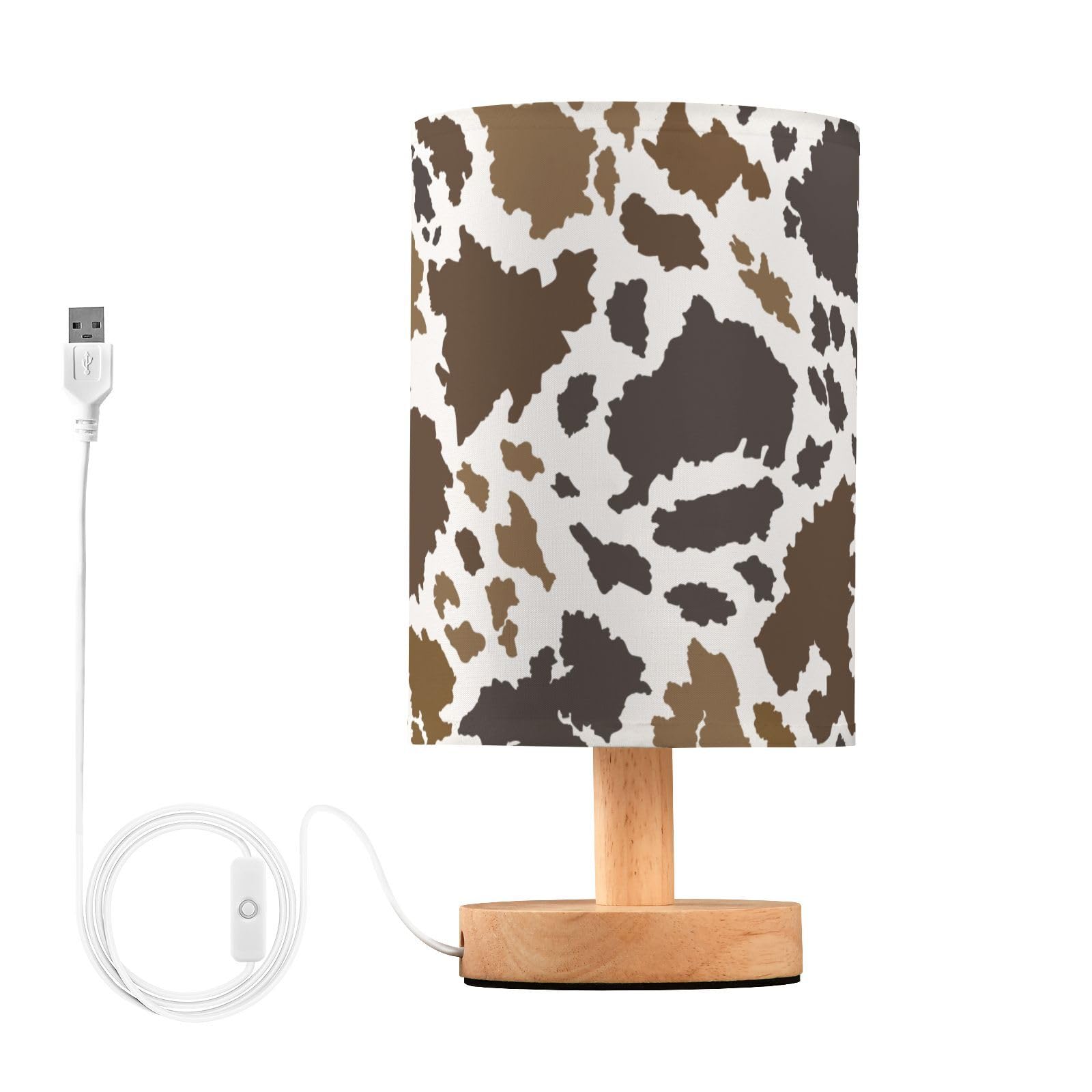 Oarencol Bedside Table Lamp Cow Print Nightstand Lamp With Wood Brown Animals Skin Desk Lamps For Bedroom Living Room Nursery Office Home Decor