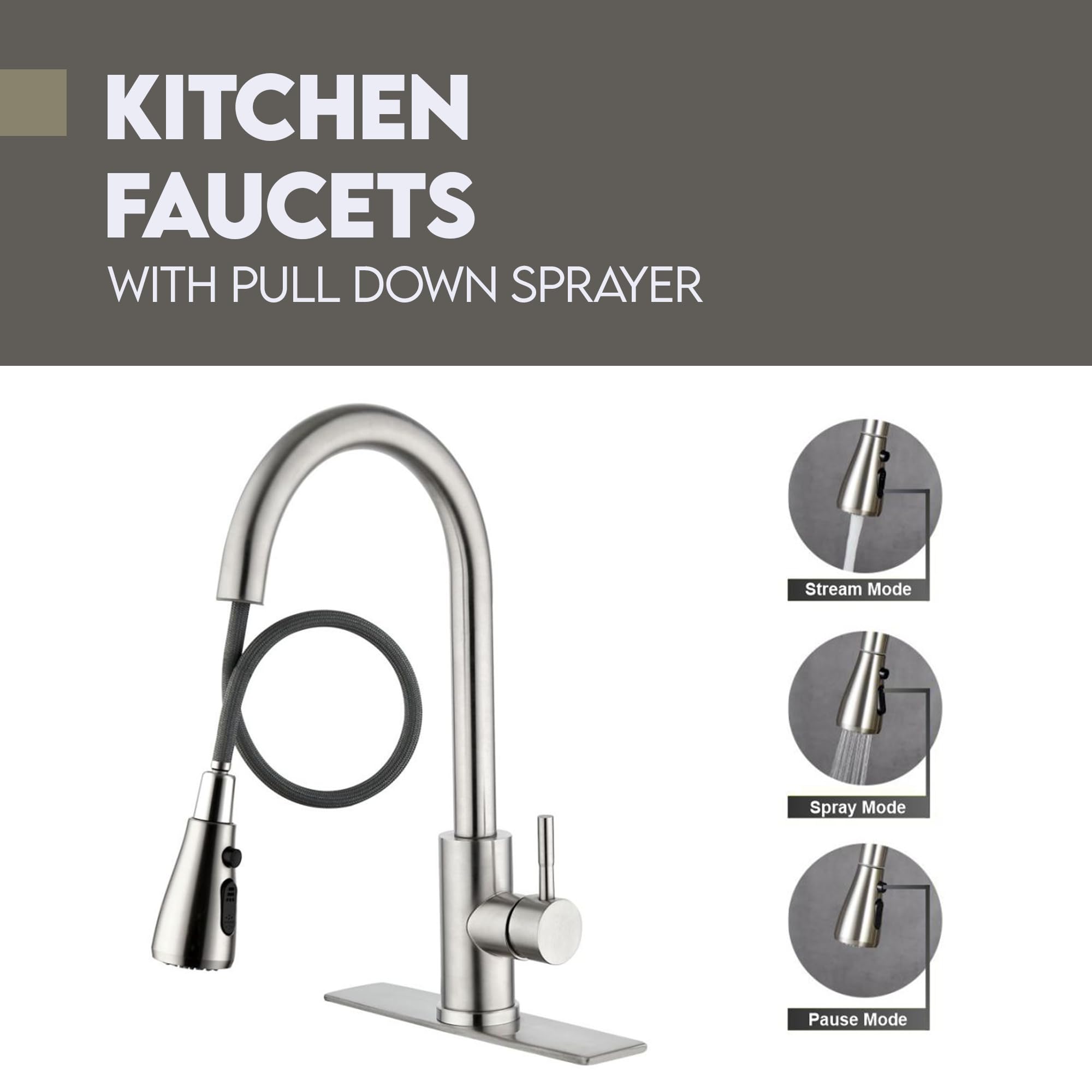 Soft Inox Softinox Kitchen Faucet With Multi-Functional Pull Down Sprayer - High Arc Single Handle Kitchen Sink Faucet With Deck Plate - Commercial Modern Brushed Stainless Steel Kitchen Faucets - Brushed