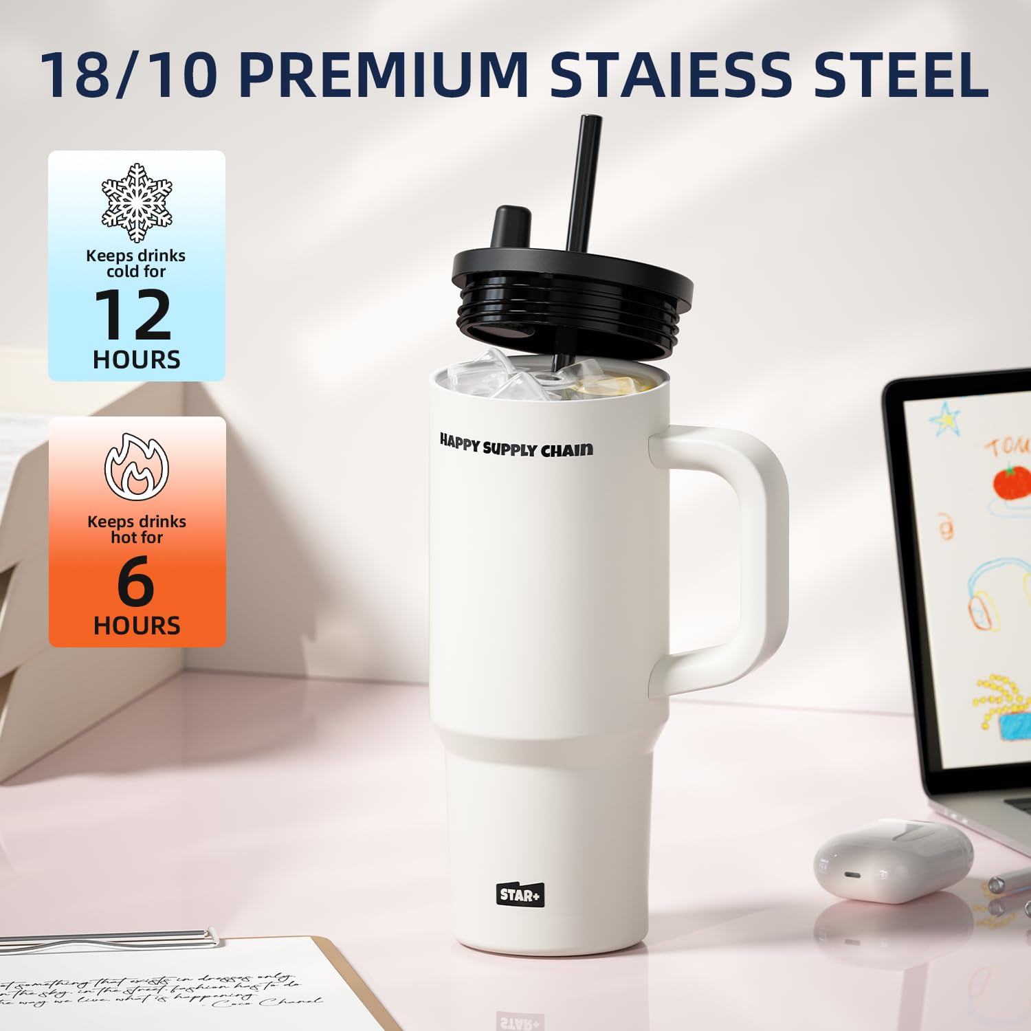 24 Oz Stainless Steel Tumbler With Lid And Straw, Coffee Travel Mug With Handle Spill Proof Spill