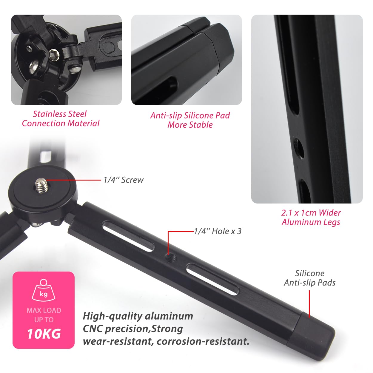 Akeipho Adjustable Aluminum Mini Tripod, Desktop Tabletop Tripod Stand For Dslr Cameras, Zhiyun Weebill/Smooth/Crane, Dji Ronin S/Sc/Rsc/Rs,Osmo Mobile,Stabilizer Handle (Standard)